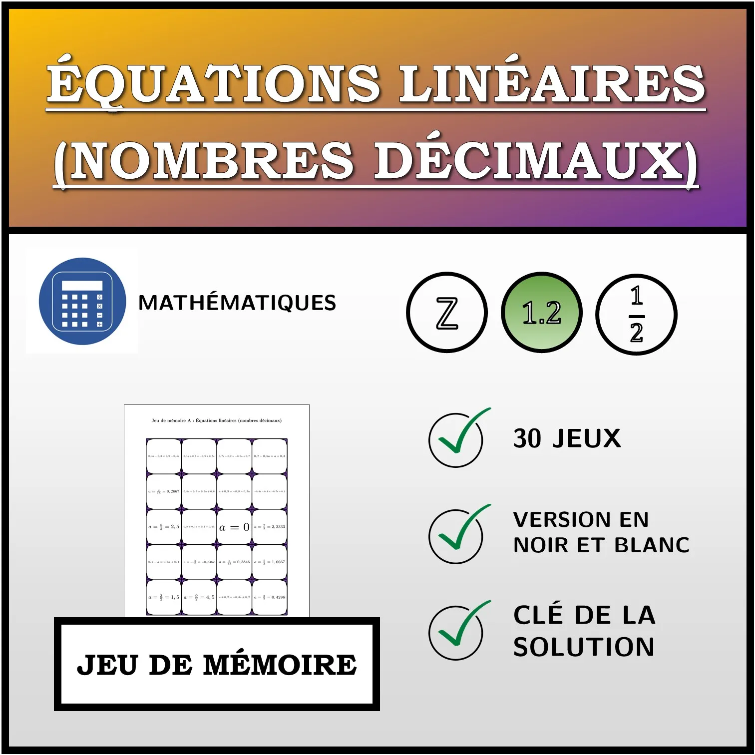 Jeu de mémoire: Équations linéaires (nombres décimaux)