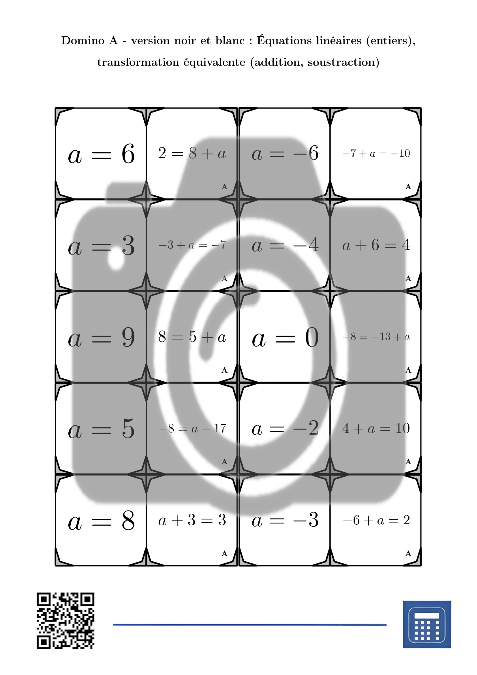 Domino: Équations linéaires (entiers), transformation équivalente (addition, soustraction) – Image 3