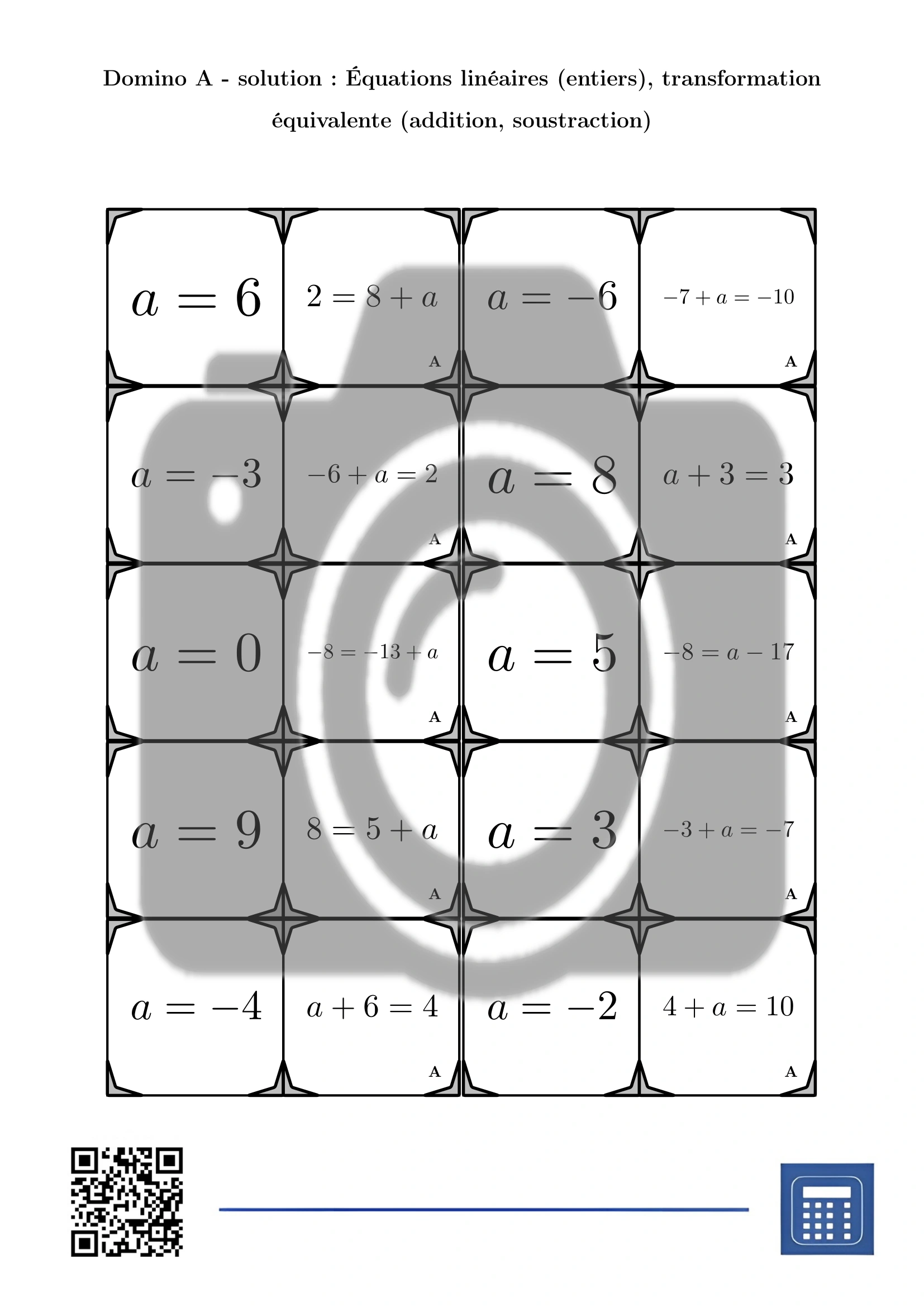 Domino: Équations linéaires (entiers), transformation équivalente (addition, soustraction) – Image 4