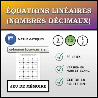 Jeu de mémoire: Équations linéaires (nombres décimaux), transformation équivalente (addition, soustraction)