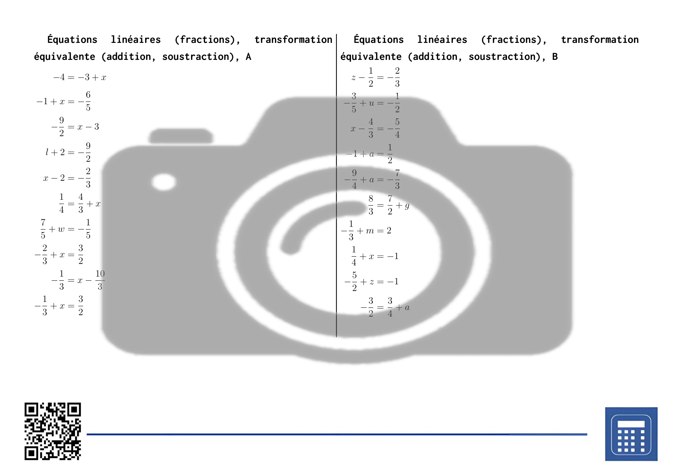Fiche d'exercices: Équations linéaires (fractions), transformation équivalente (addition, soustraction) – Image 2