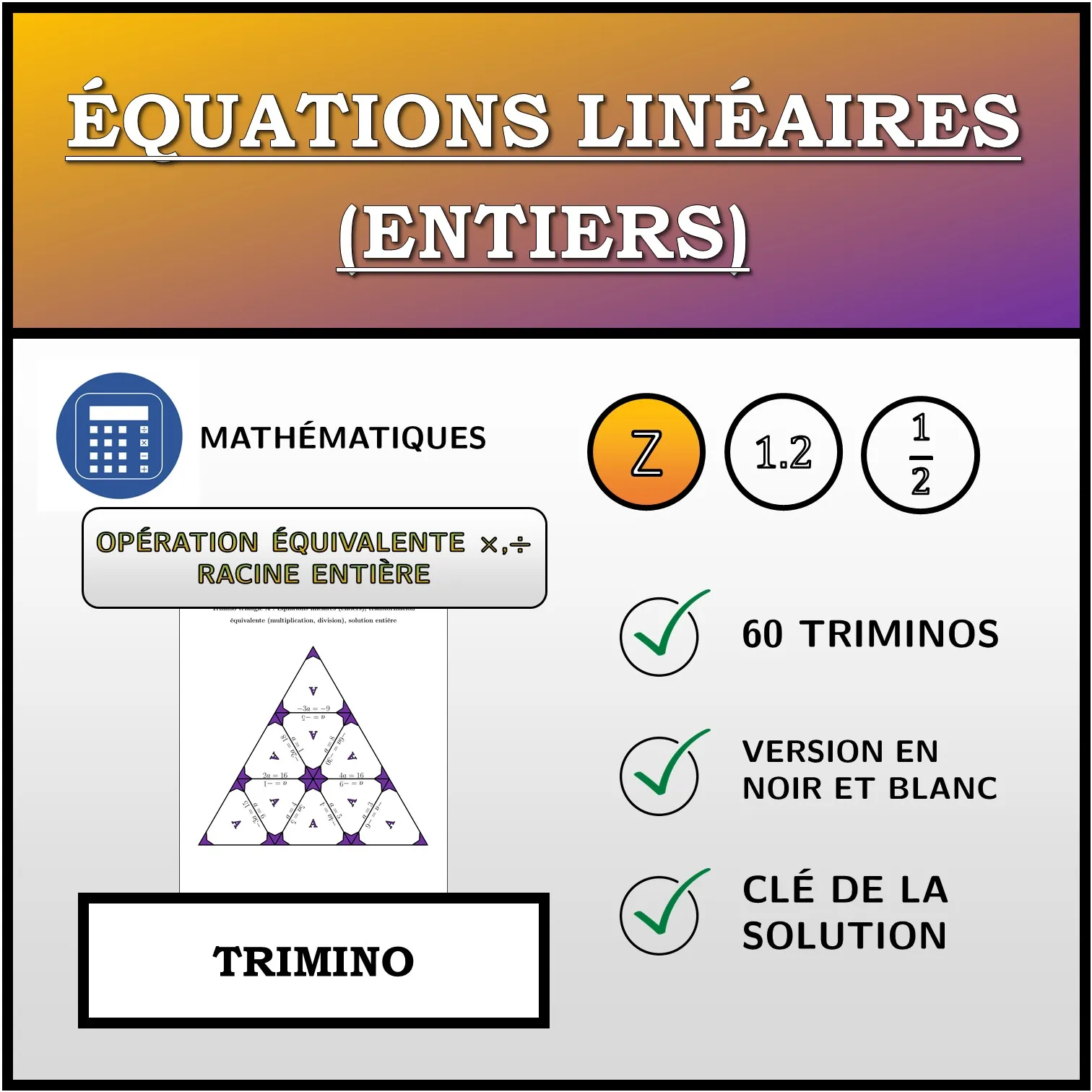Trimino: Équations linéaires (entiers), transformation équivalente (multiplication, division), solution entière
