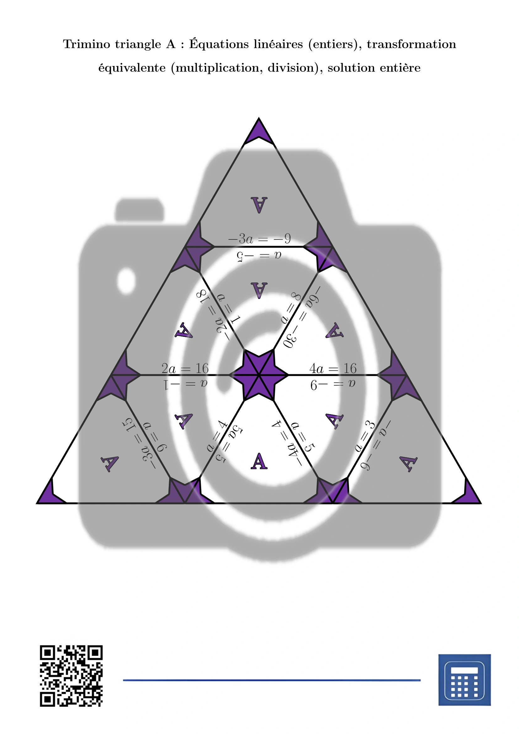 Trimino: Équations linéaires (entiers), transformation équivalente (multiplication, division), solution entière – Image 2