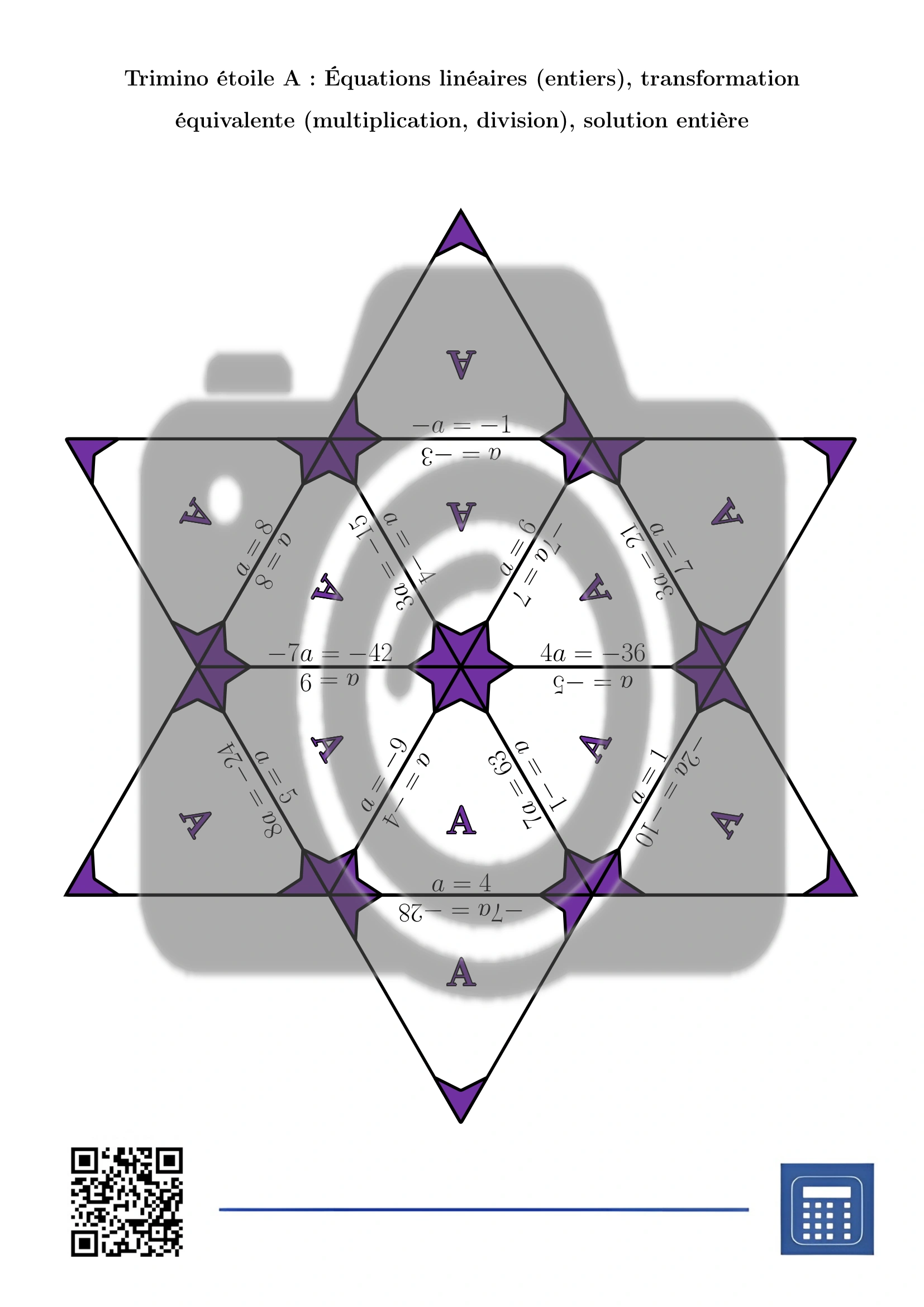 Trimino: Équations linéaires (entiers), transformation équivalente (multiplication, division), solution entière – Image 4
