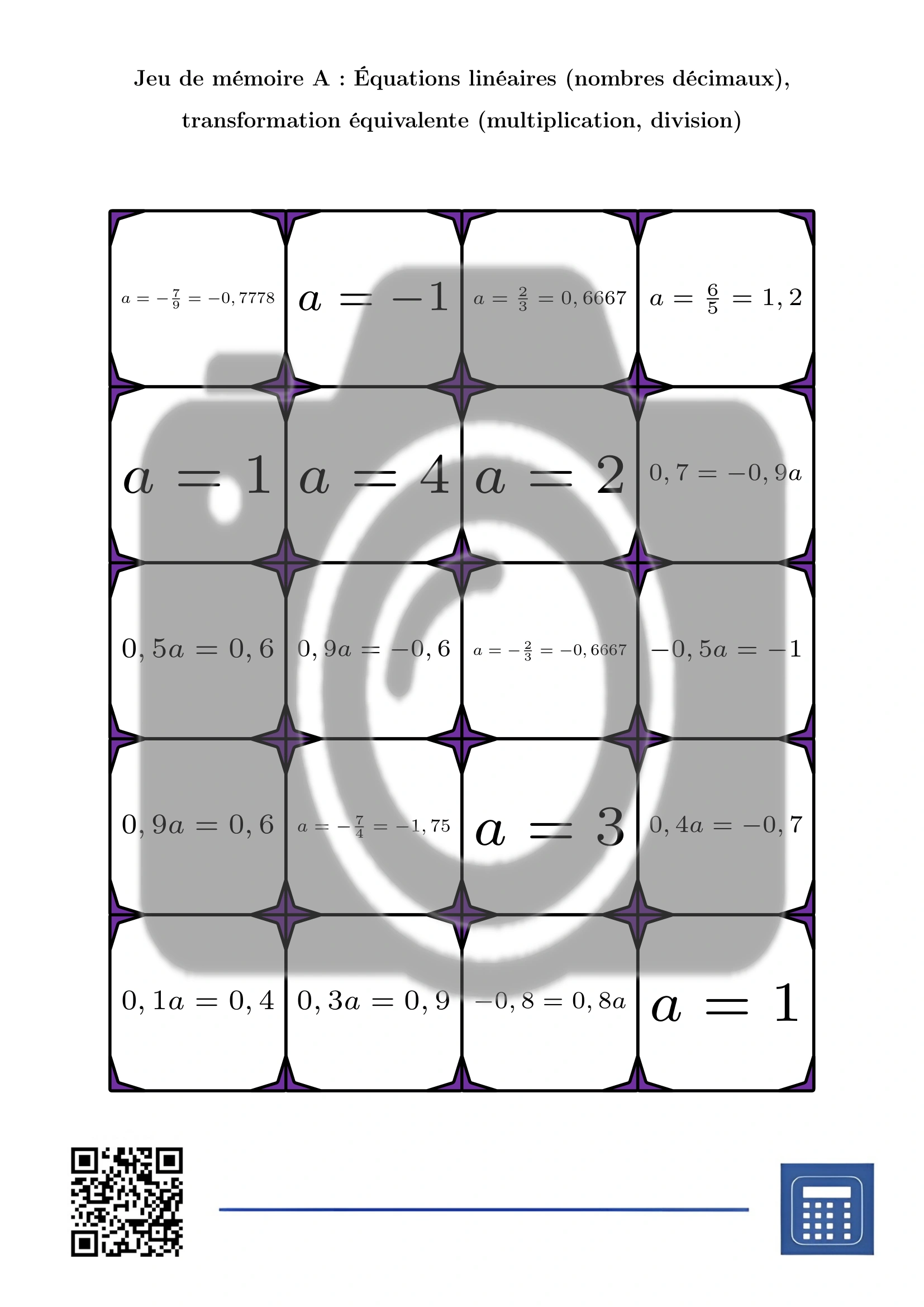 Jeu de mémoire: Équations linéaires (nombres décimaux), transformation équivalente (multiplication, division) – Image 2