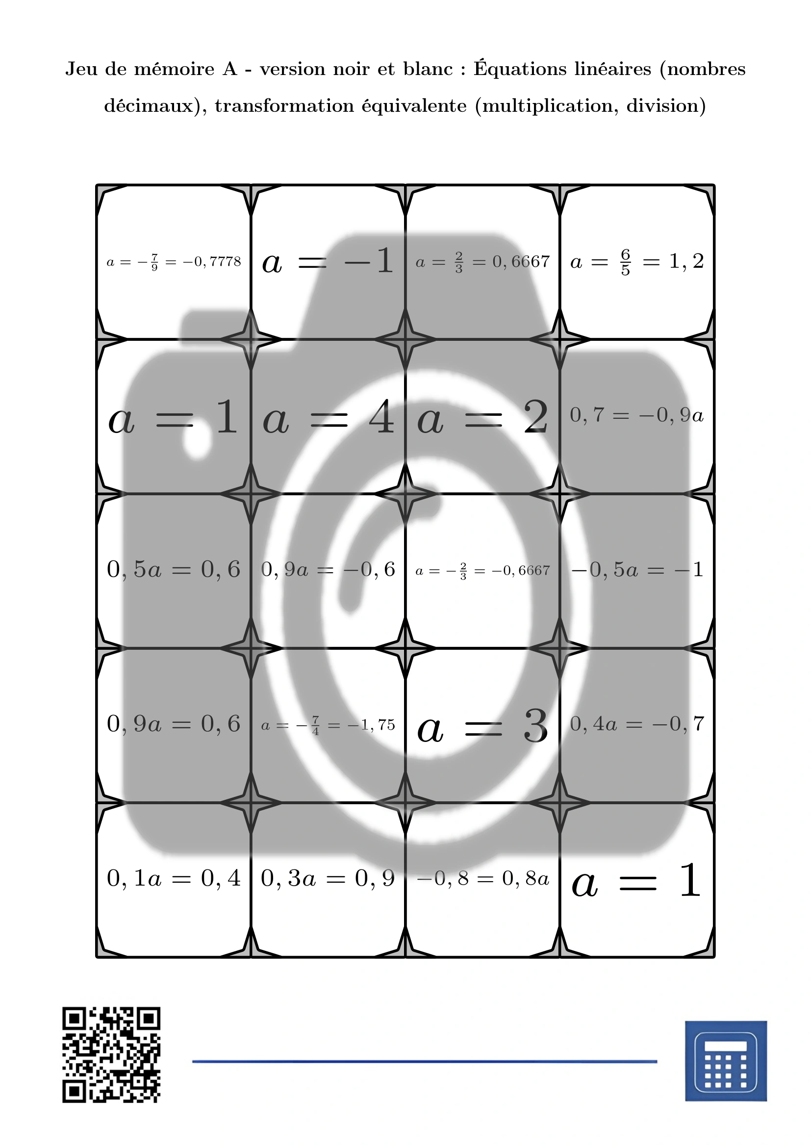 Jeu de mémoire: Équations linéaires (nombres décimaux), transformation équivalente (multiplication, division) – Image 3