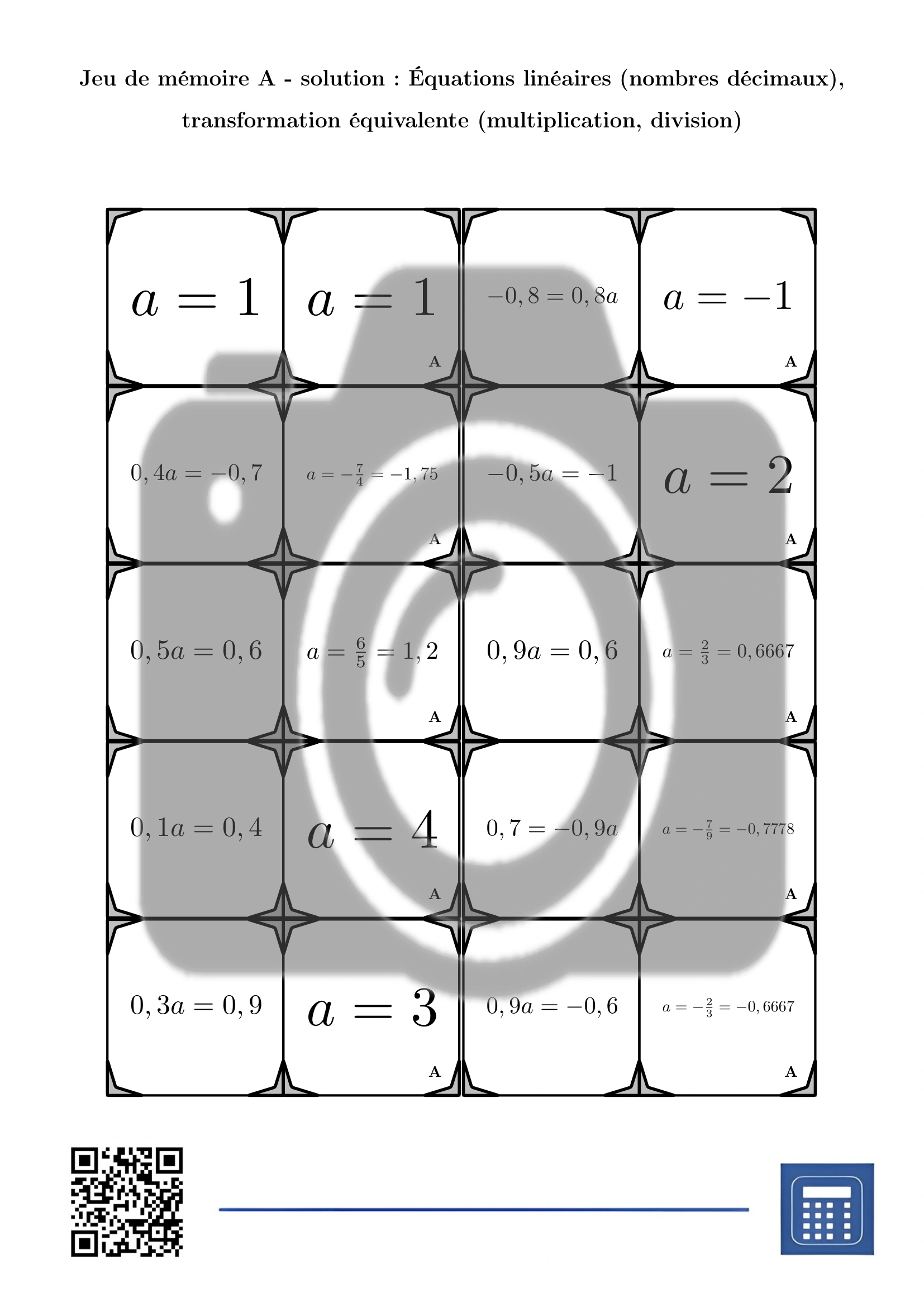 Jeu de mémoire: Équations linéaires (nombres décimaux), transformation équivalente (multiplication, division) – Image 4