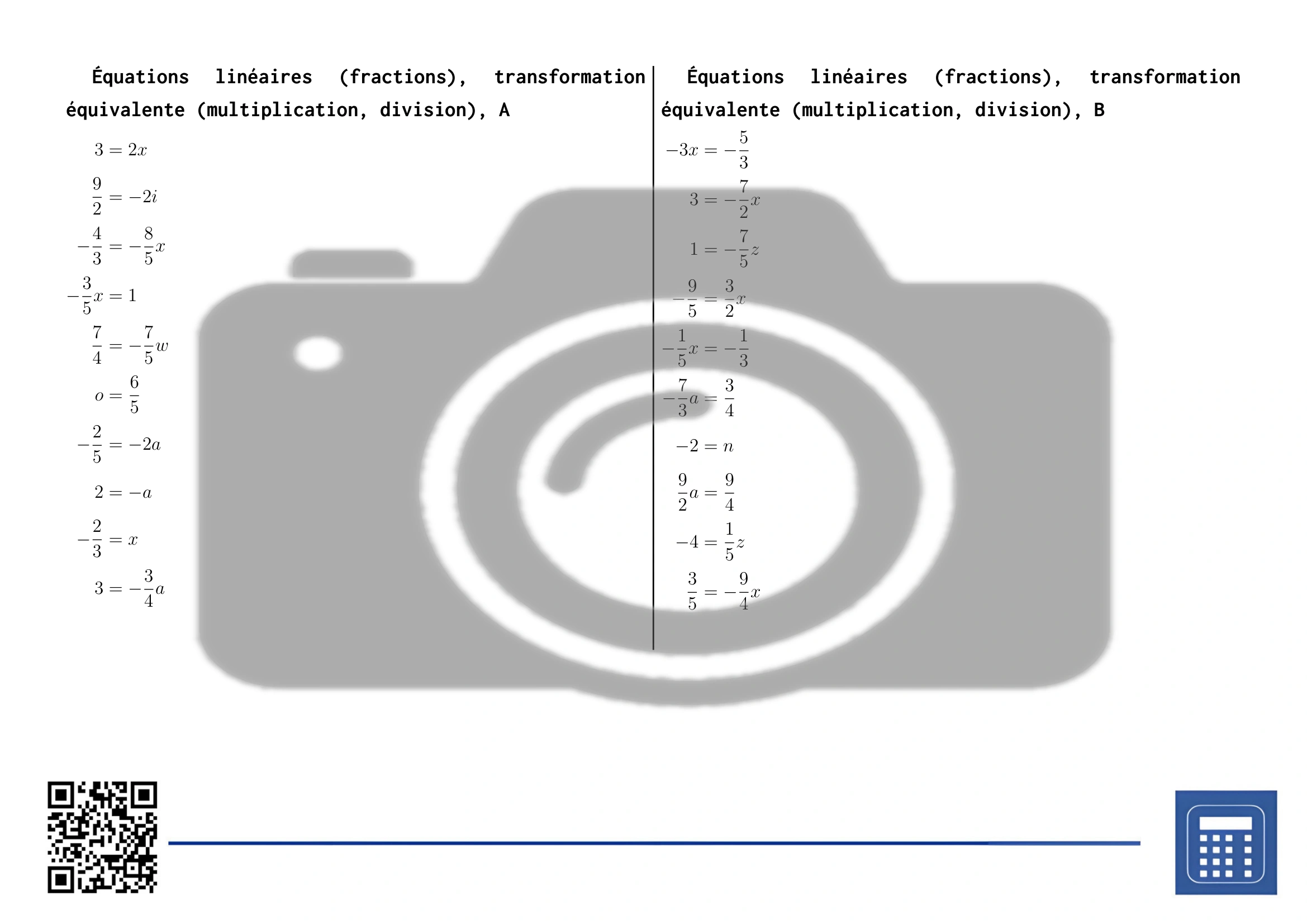 Fiche d'exercices: Équations linéaires (fractions), transformation équivalente (multiplication, division) – Image 2