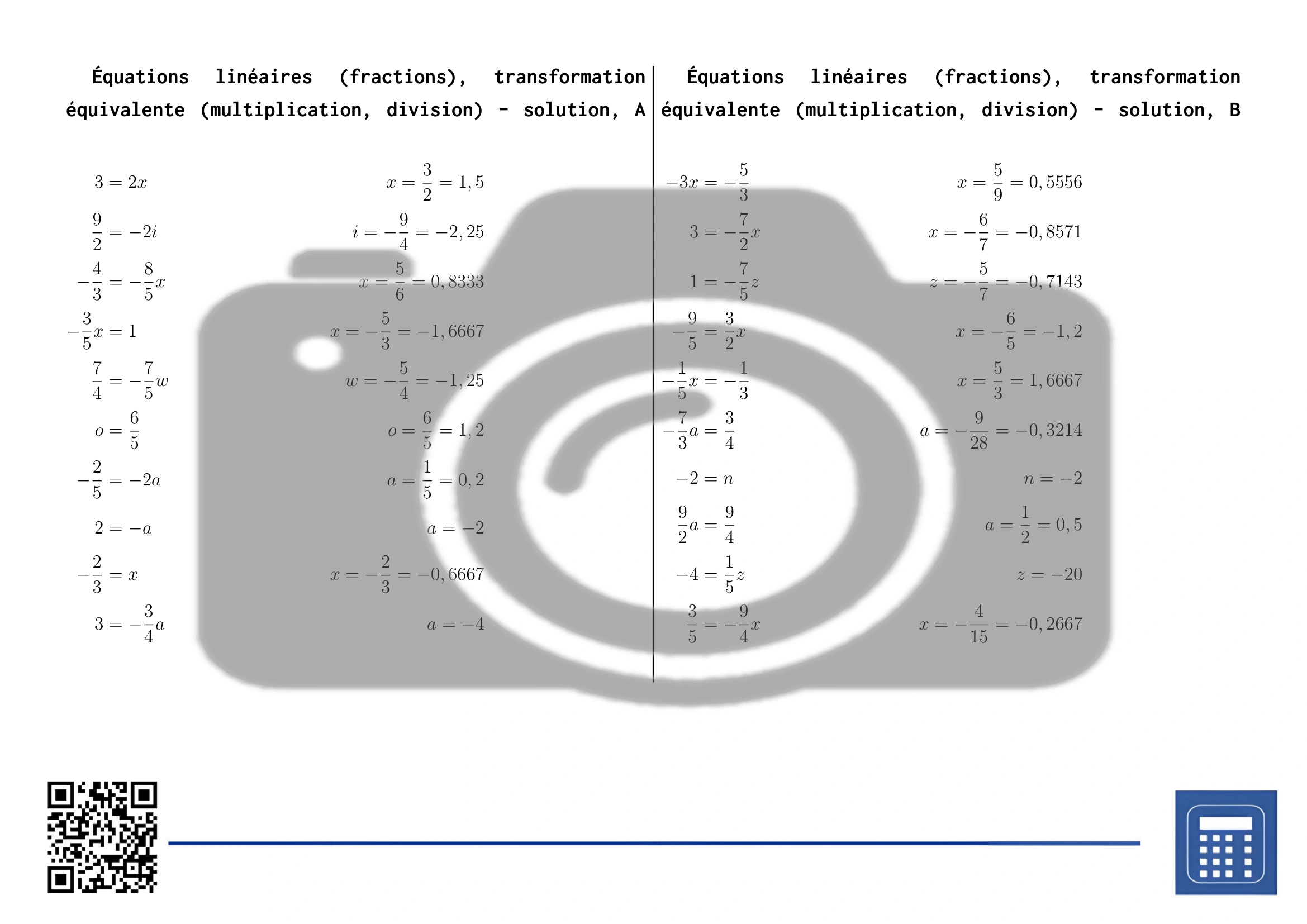 Fiche d'exercices: Équations linéaires (fractions), transformation équivalente (multiplication, division) – Image 4
