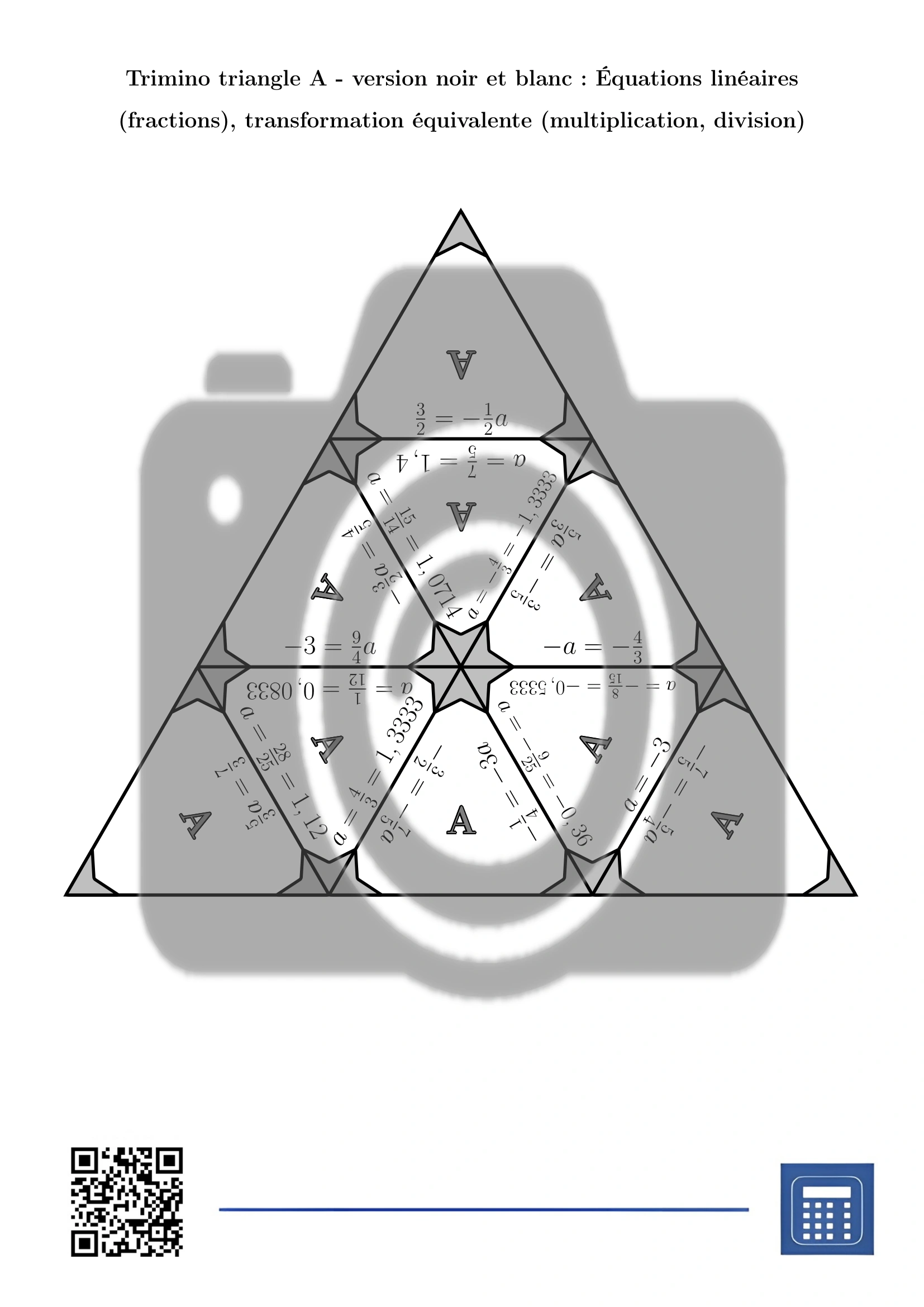 Trimino: Équations linéaires (fractions), transformation équivalente (multiplication, division) – Image 3