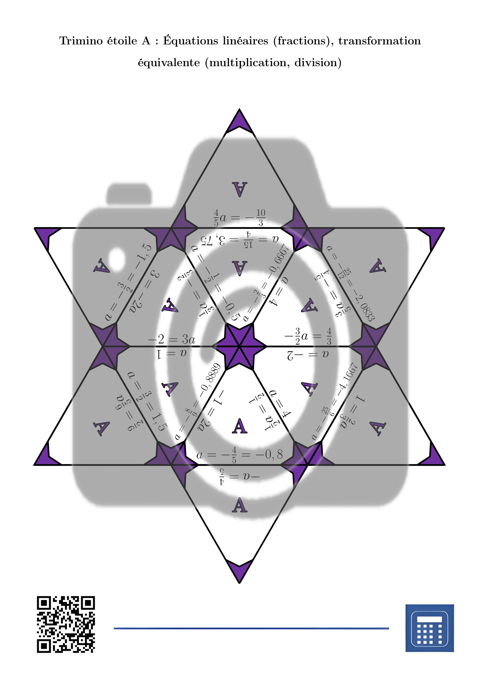 Trimino: Équations linéaires (fractions), transformation équivalente (multiplication, division) – Image 4