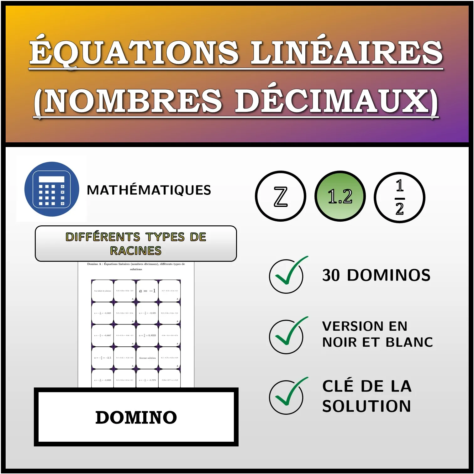 Domino: Équations linéaires (nombres décimaux), différents types de solutions