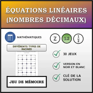 Jeu de mémoire: Équations linéaires (nombres décimaux), différents types de solutions
