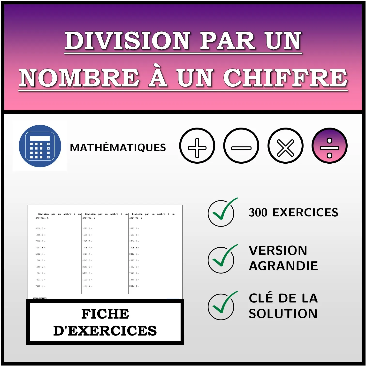 Fiche d'exercices: Division par un nombre à un chiffre