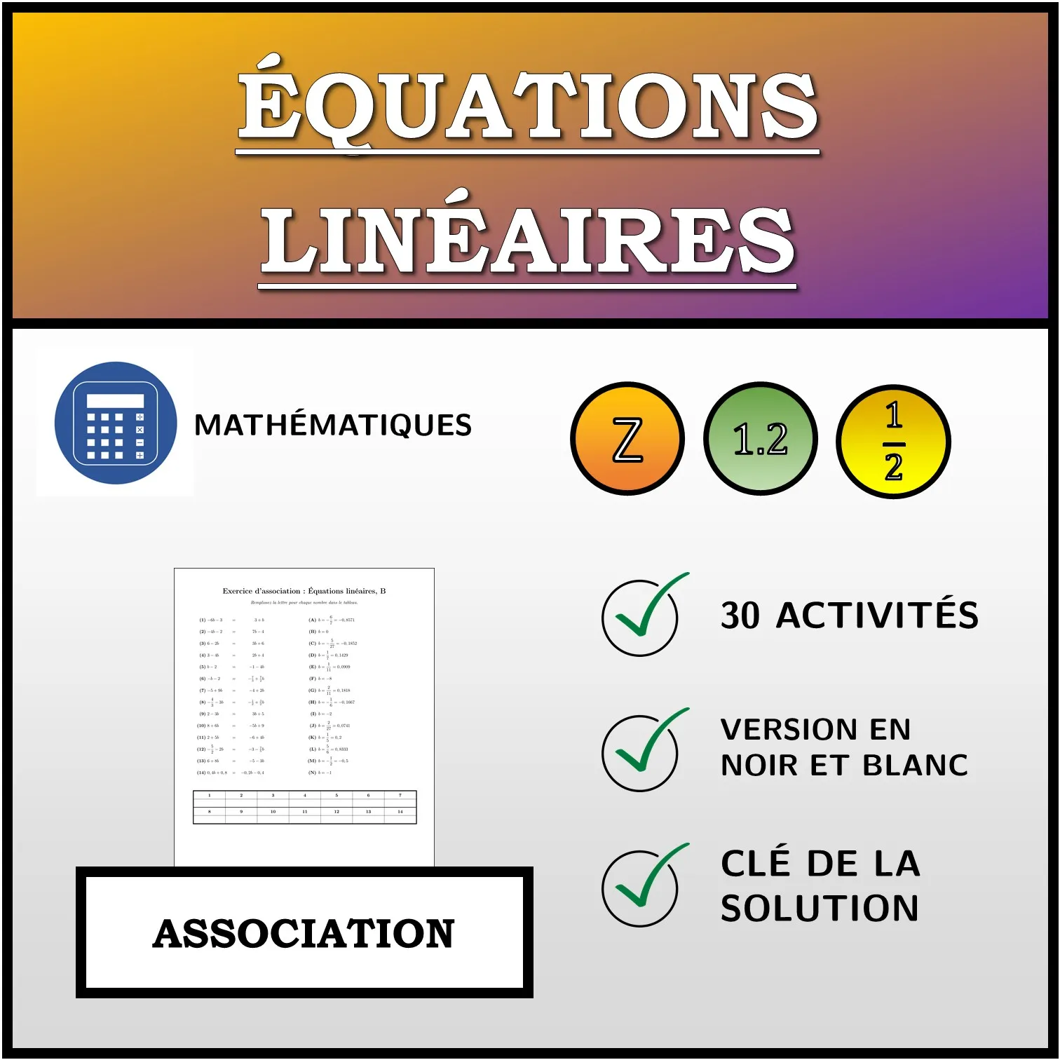 Exercice d'association: Équations linéaires