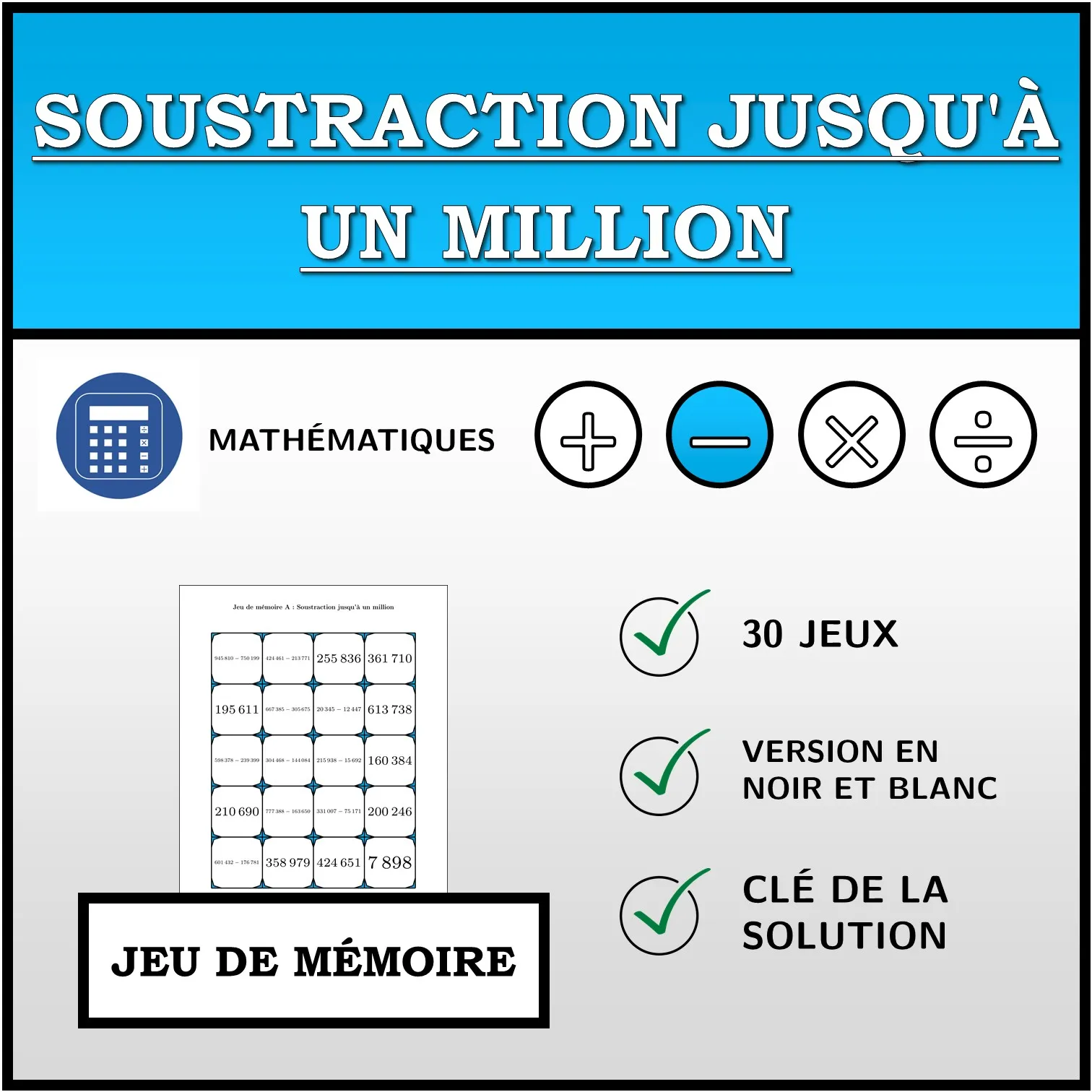 Jeu de mémoire: Soustraction jusqu'à un million
