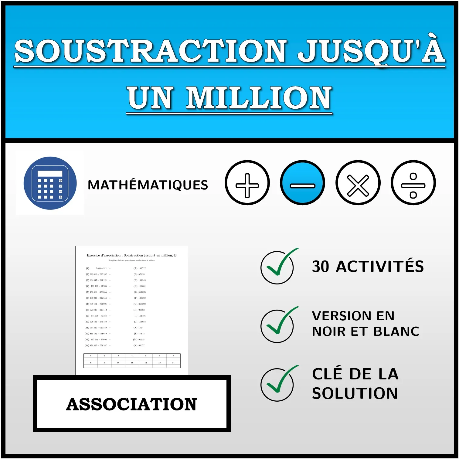 Exercice d'association: Soustraction jusqu'à un million