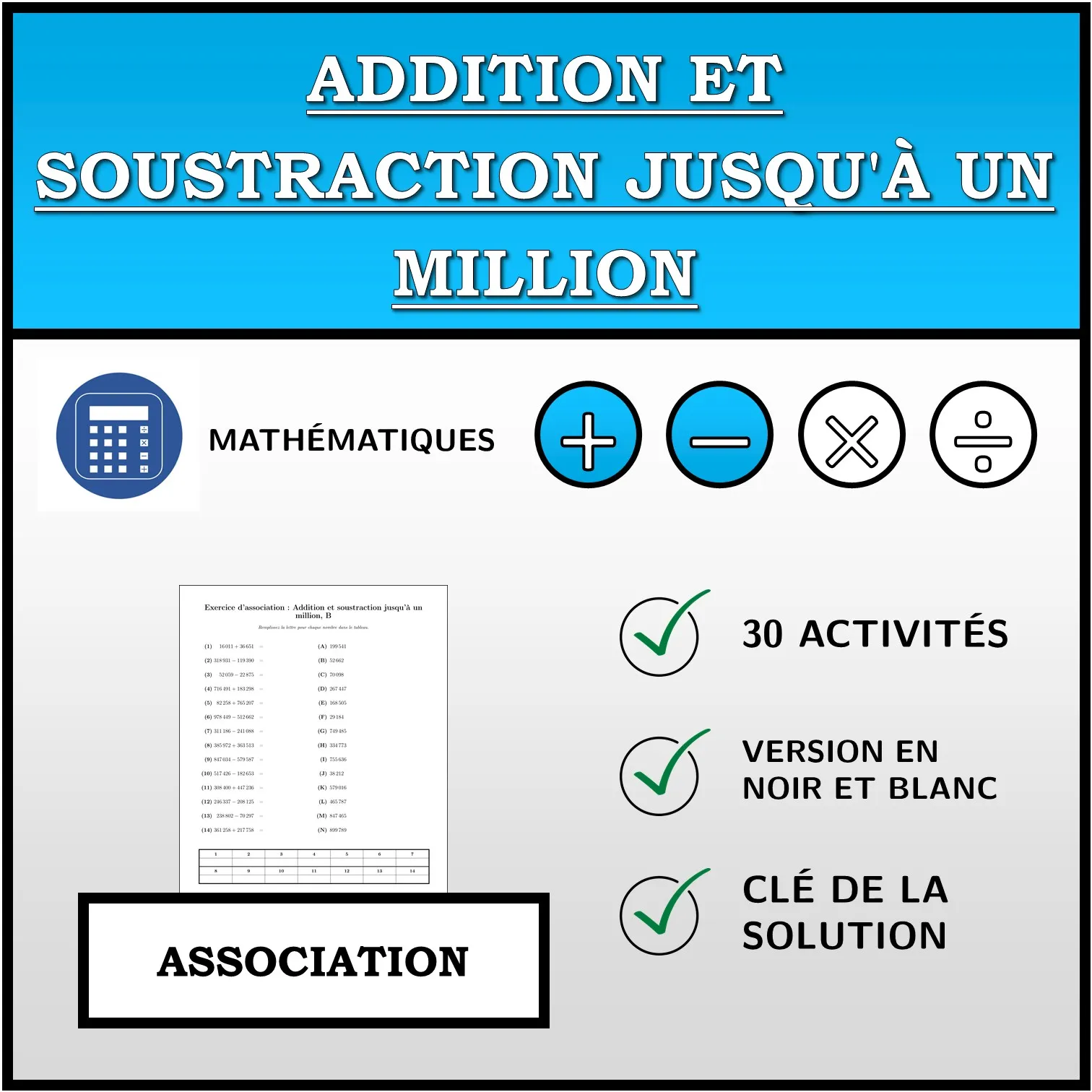Exercice d'association: Addition et soustraction jusqu'à un million