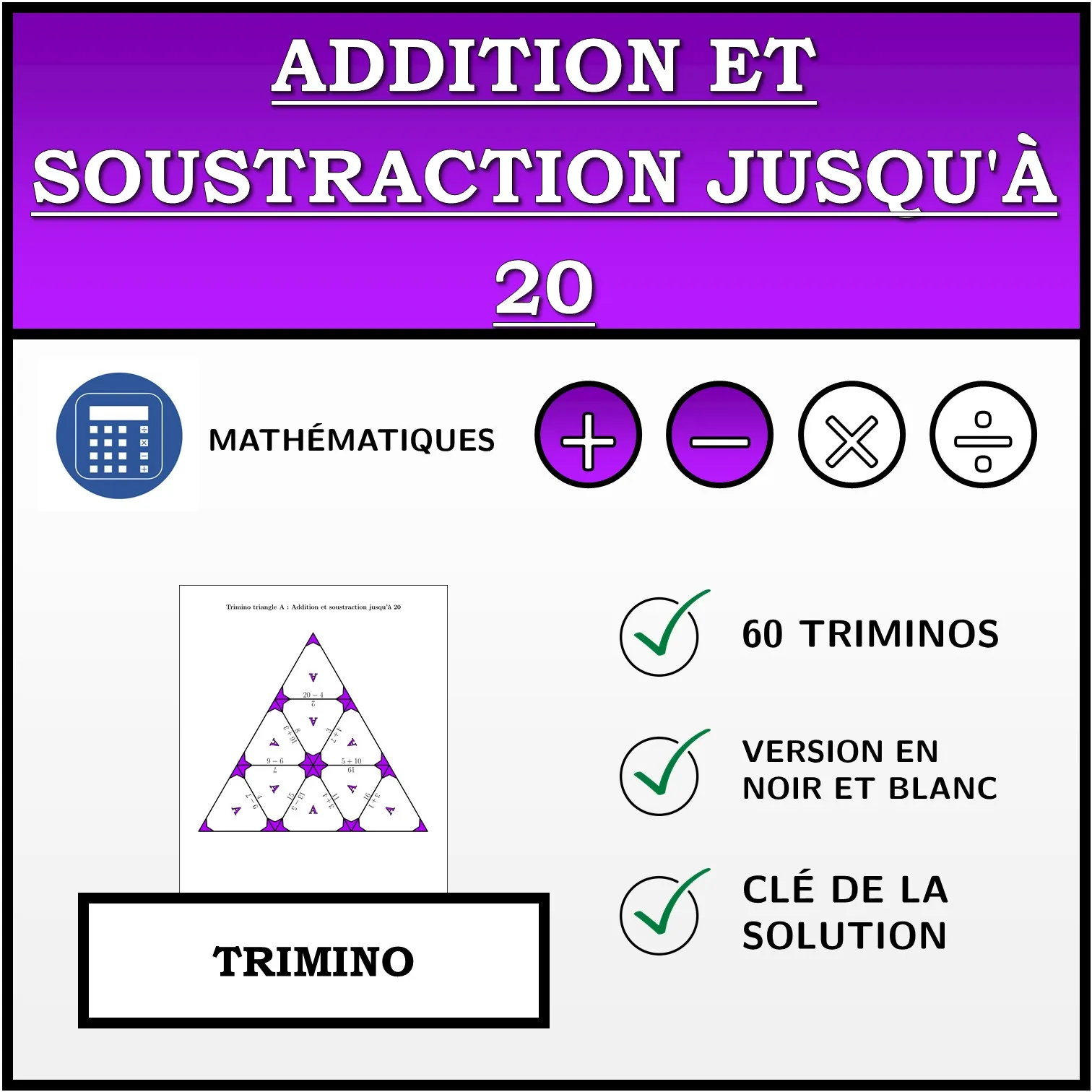 Trimino: Addition et soustraction jusqu'à 20