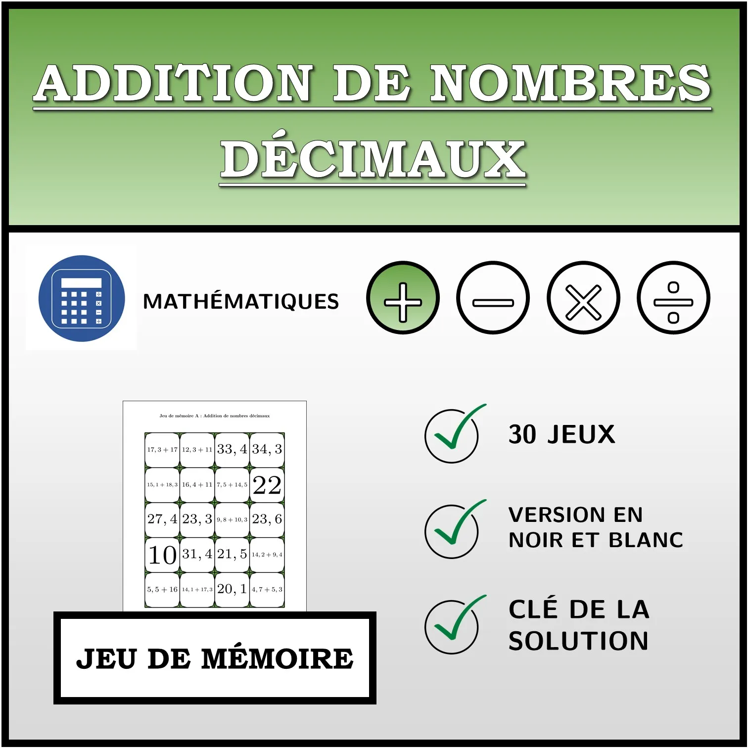 Jeu de mémoire: Addition de nombres décimaux