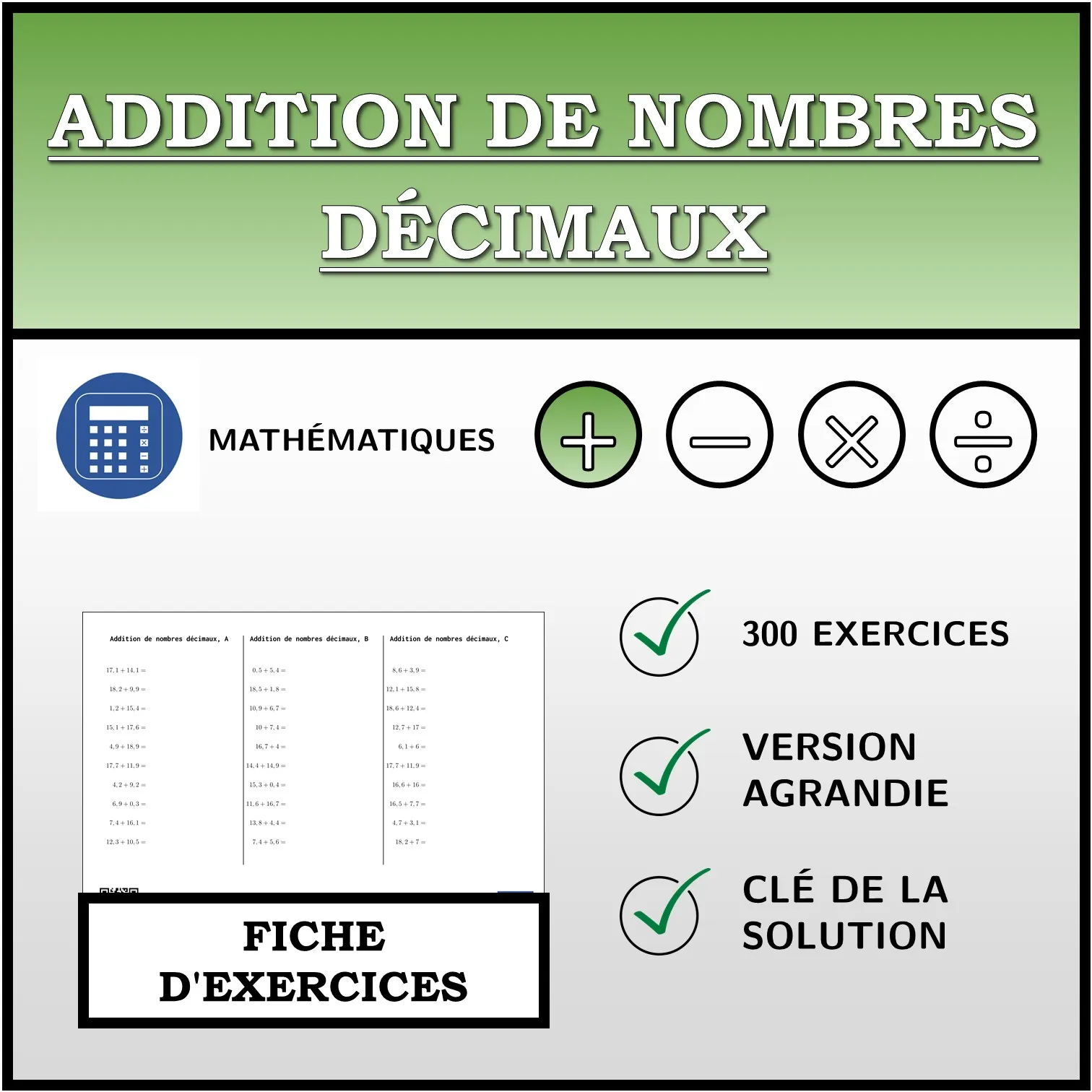 Fiche d'exercices: Addition de nombres décimaux