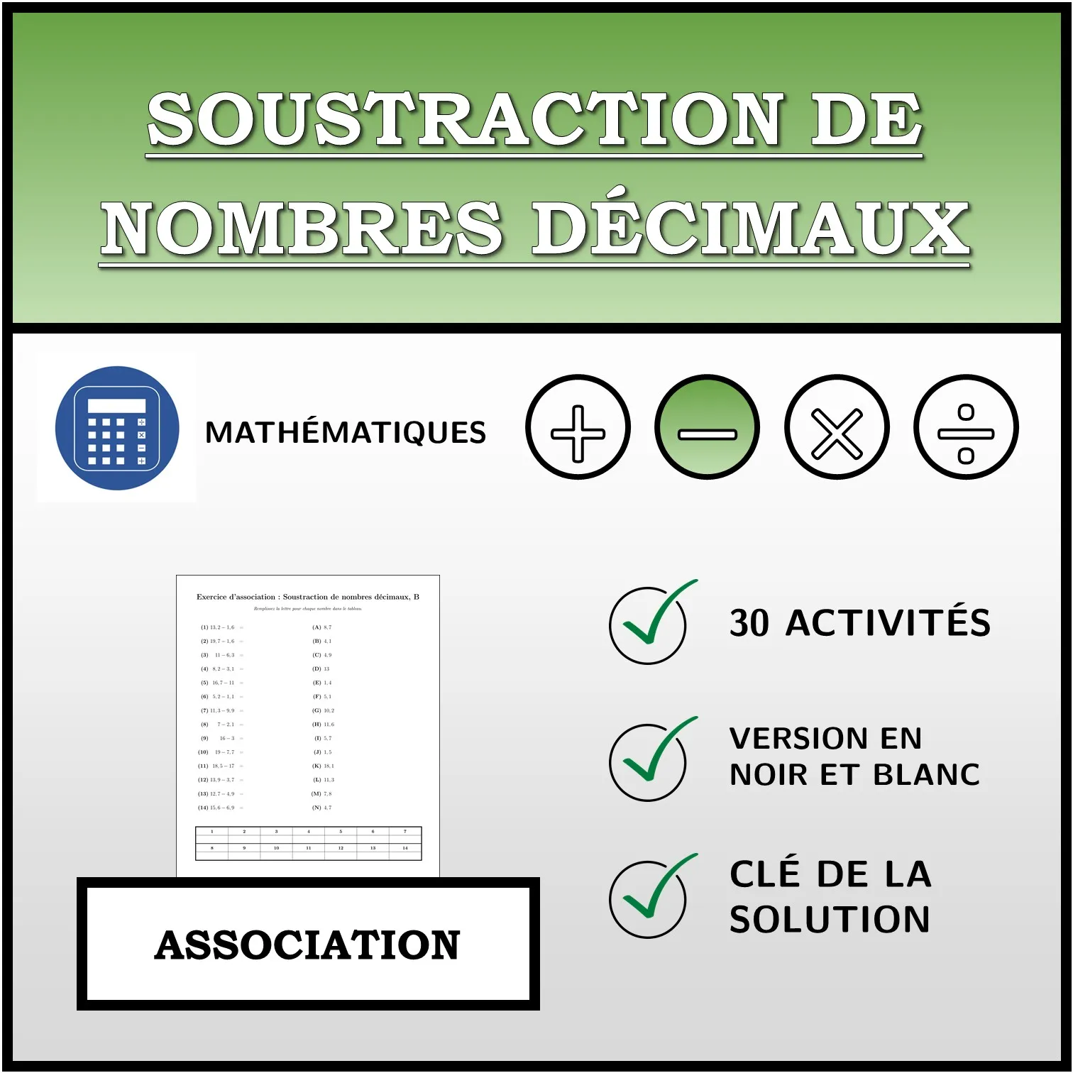 Exercice d'association: Soustraction de nombres décimaux