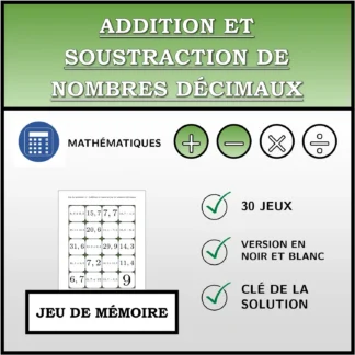 Jeu de mémoire: Addition et soustraction de nombres décimaux