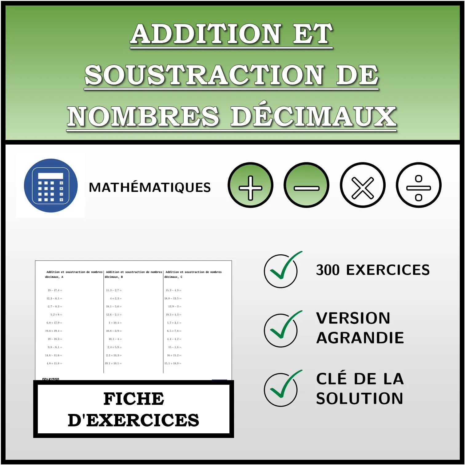 Fiche d'exercices: Addition et soustraction de nombres décimaux