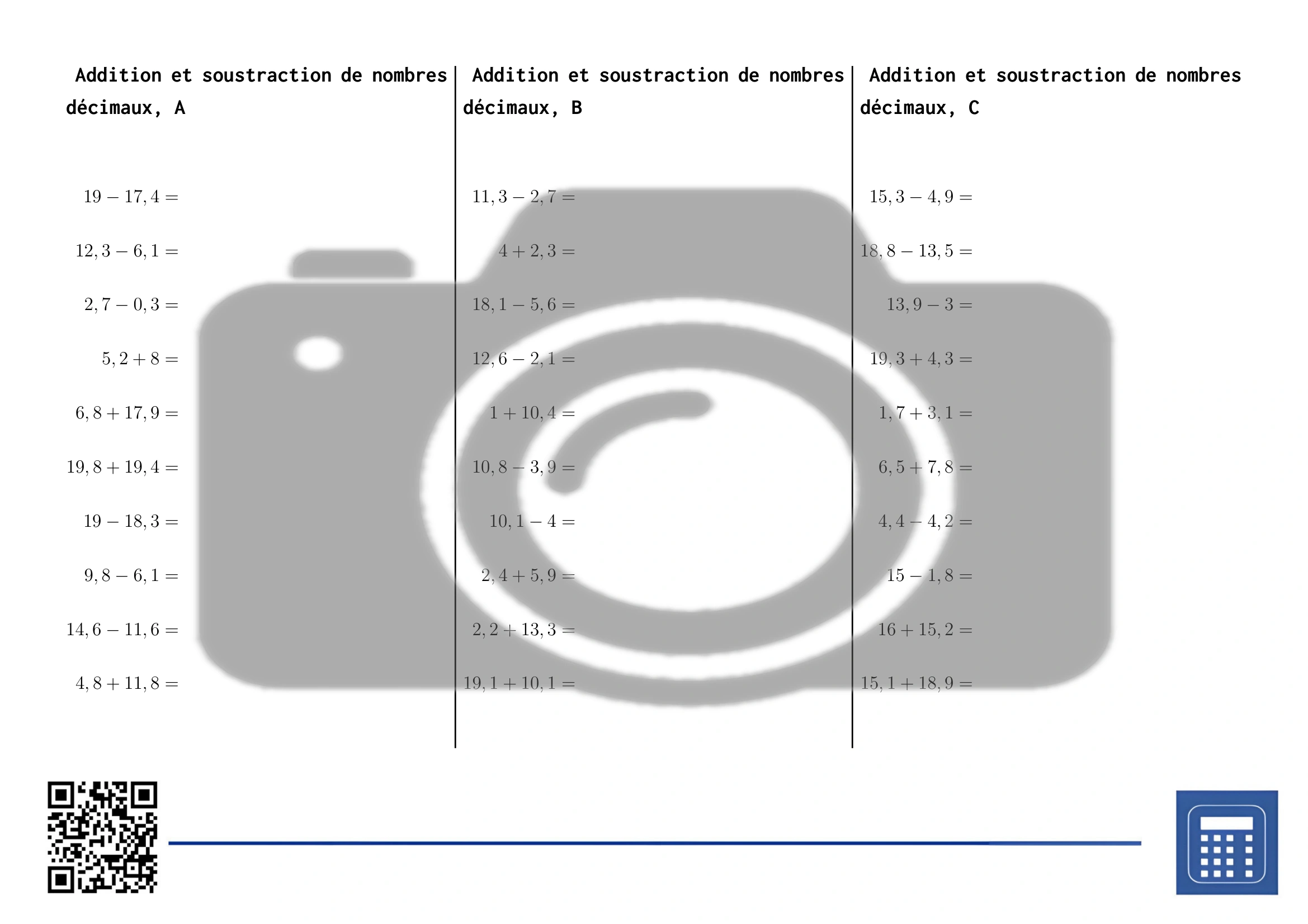 Fiche d'exercices: Addition et soustraction de nombres décimaux – Image 2