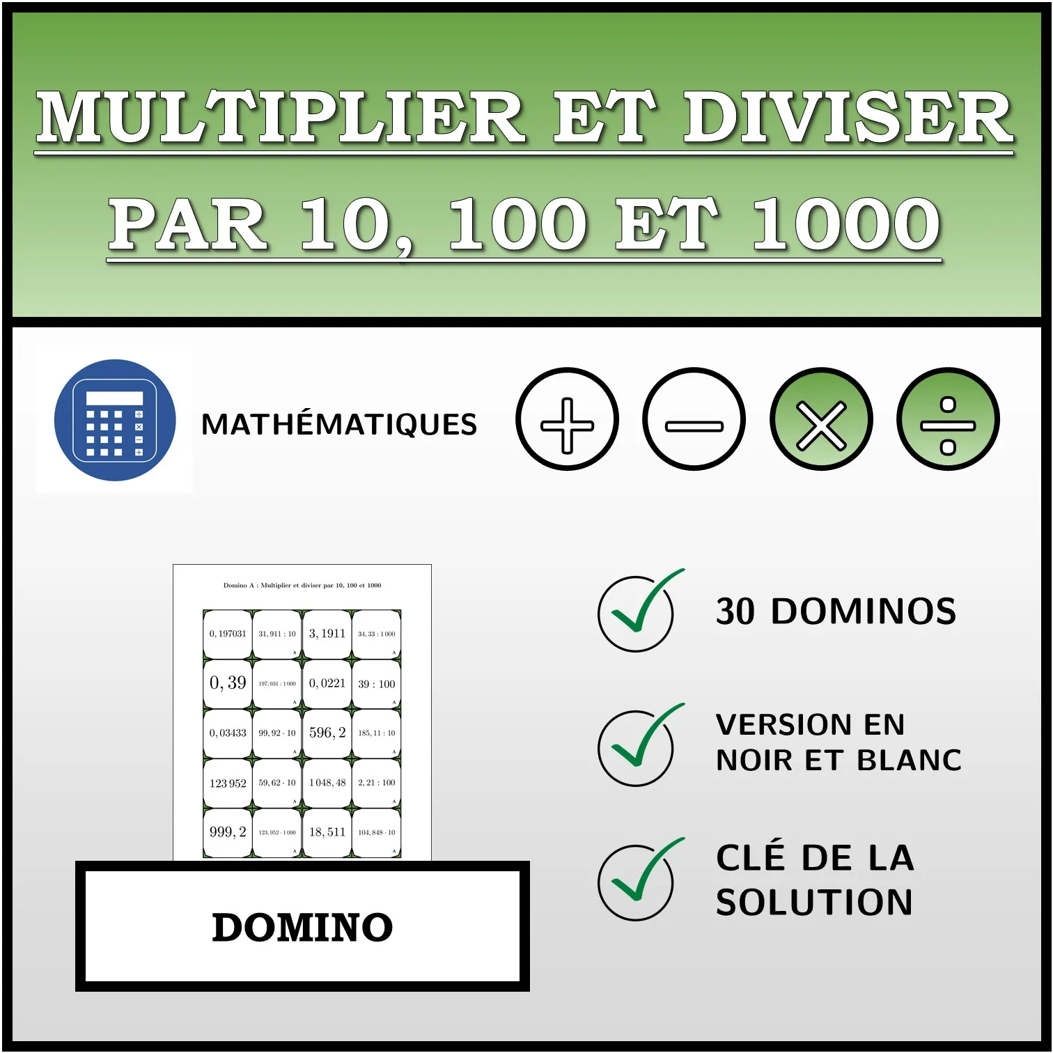 Domino: Multiplier et diviser par 10, 100 et 1000