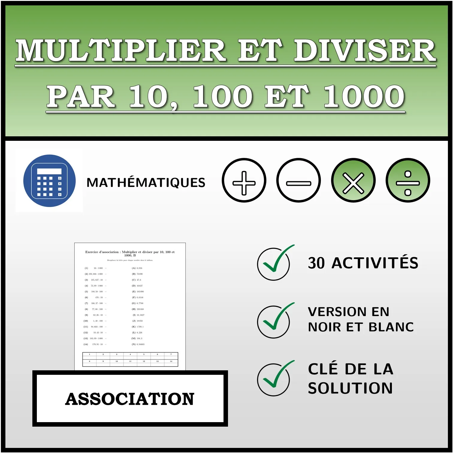 Exercice d'association: Multiplier et diviser par 10, 100 et 1000