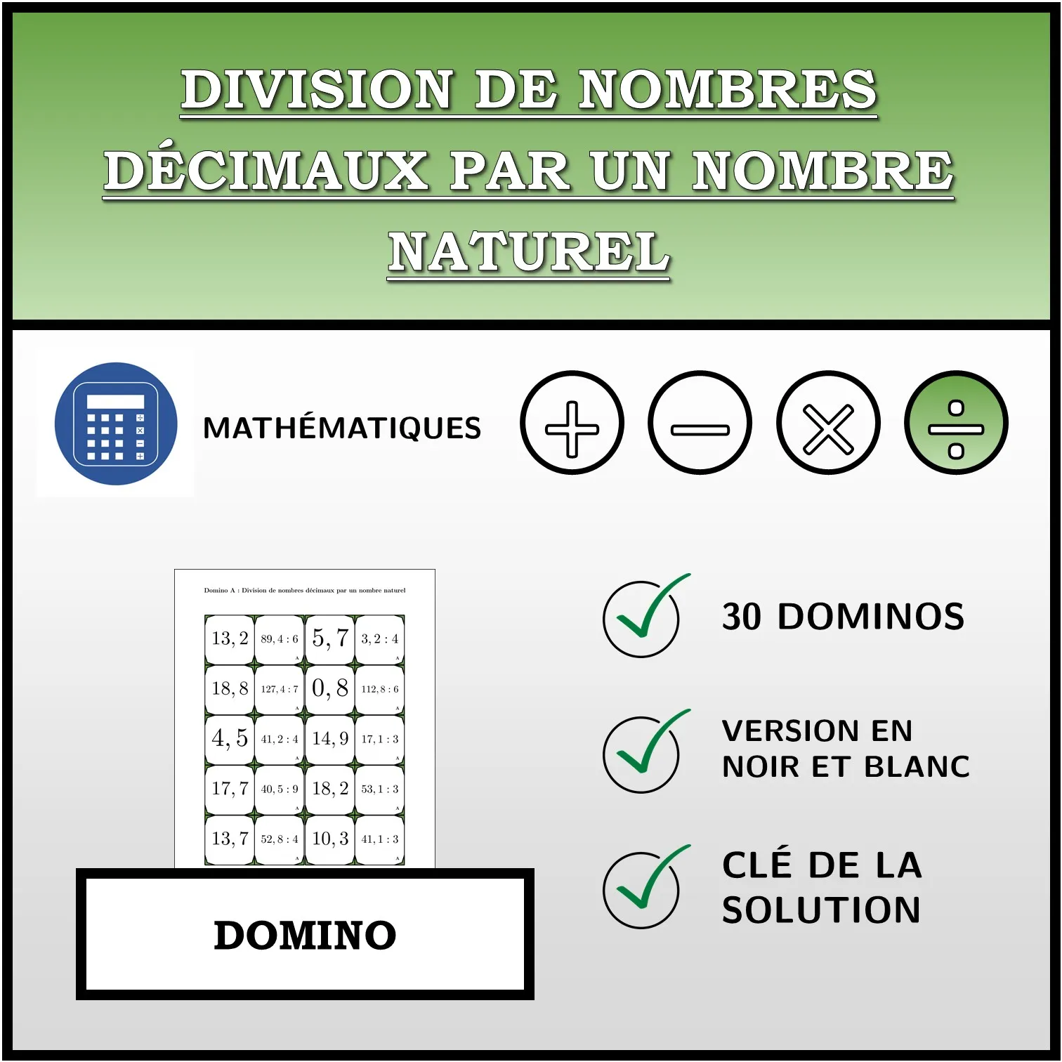 Domino: Division de nombres décimaux par un nombre naturel