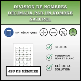 Jeu de mémoire: Division de nombres décimaux par un nombre naturel