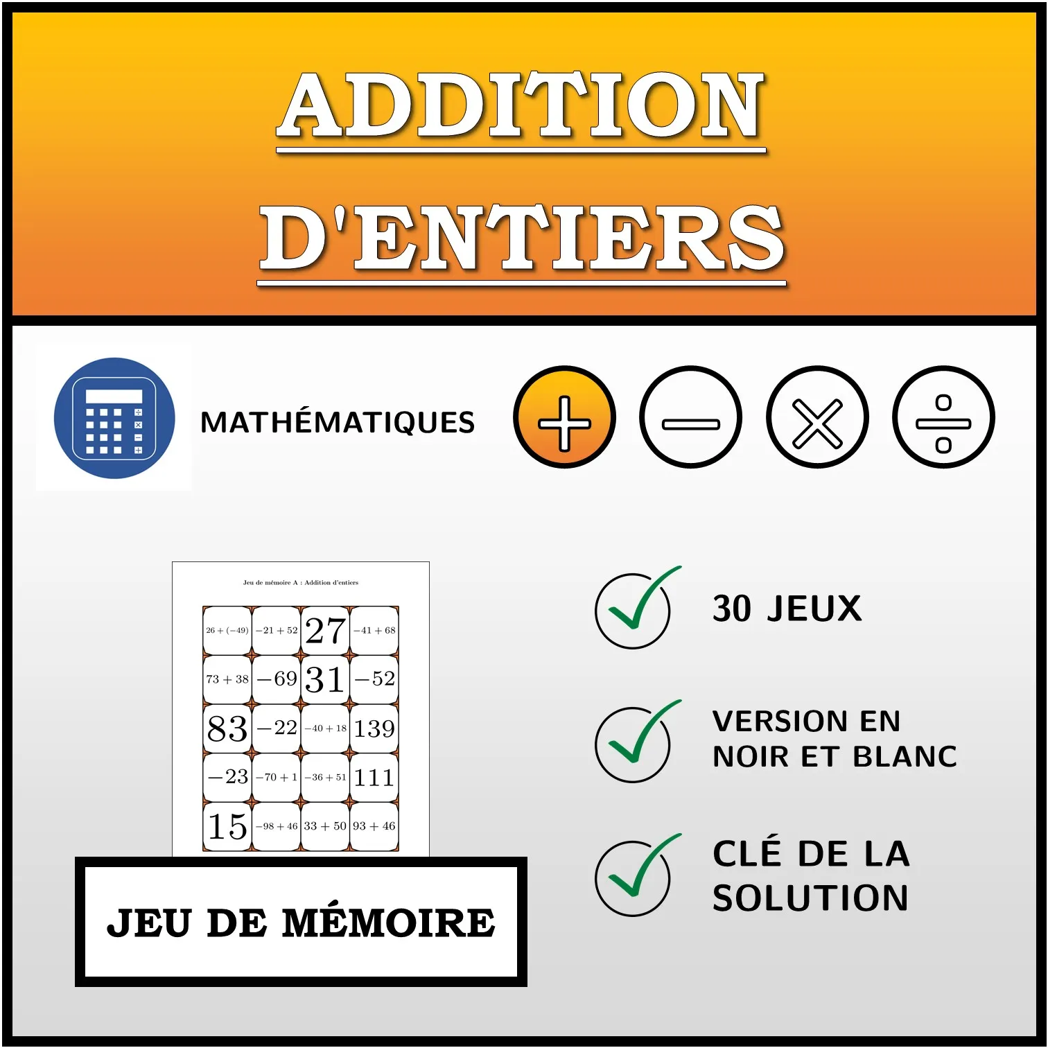 Jeu de mémoire: Addition d'entiers