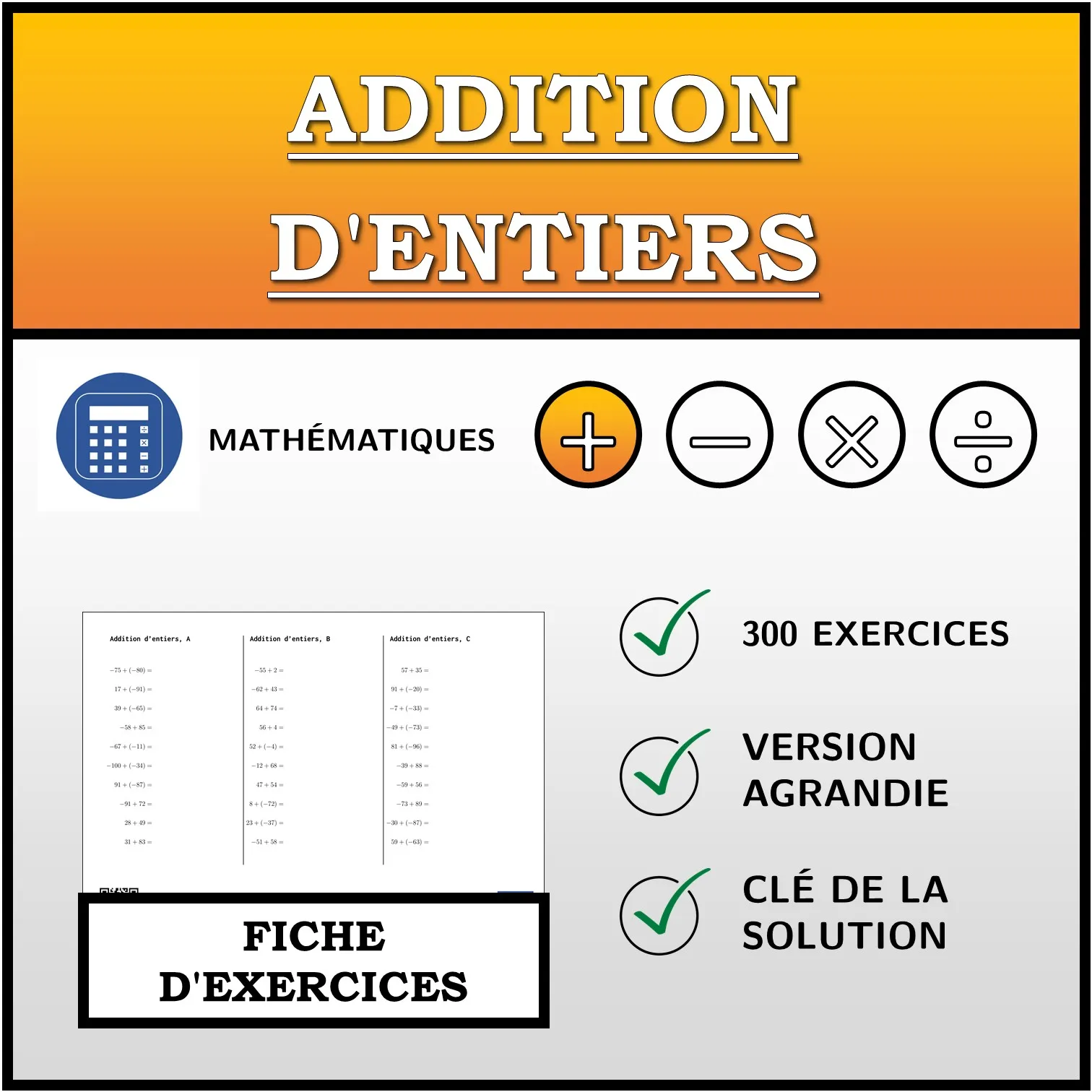 Fiche d'exercices: Addition d'entiers