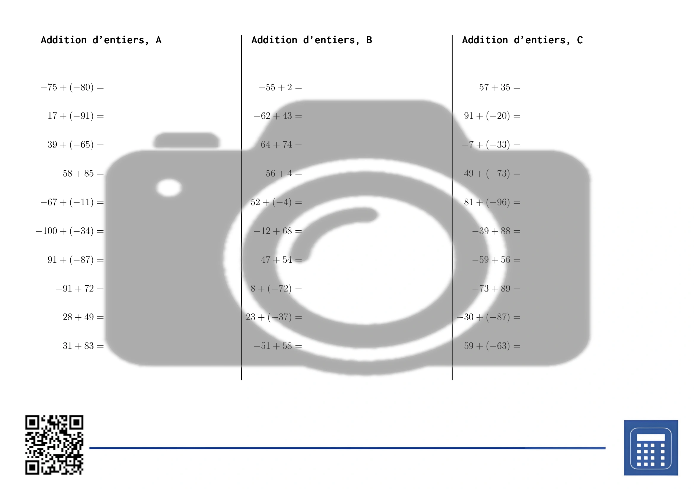 Fiche d'exercices: Addition d'entiers – Image 2