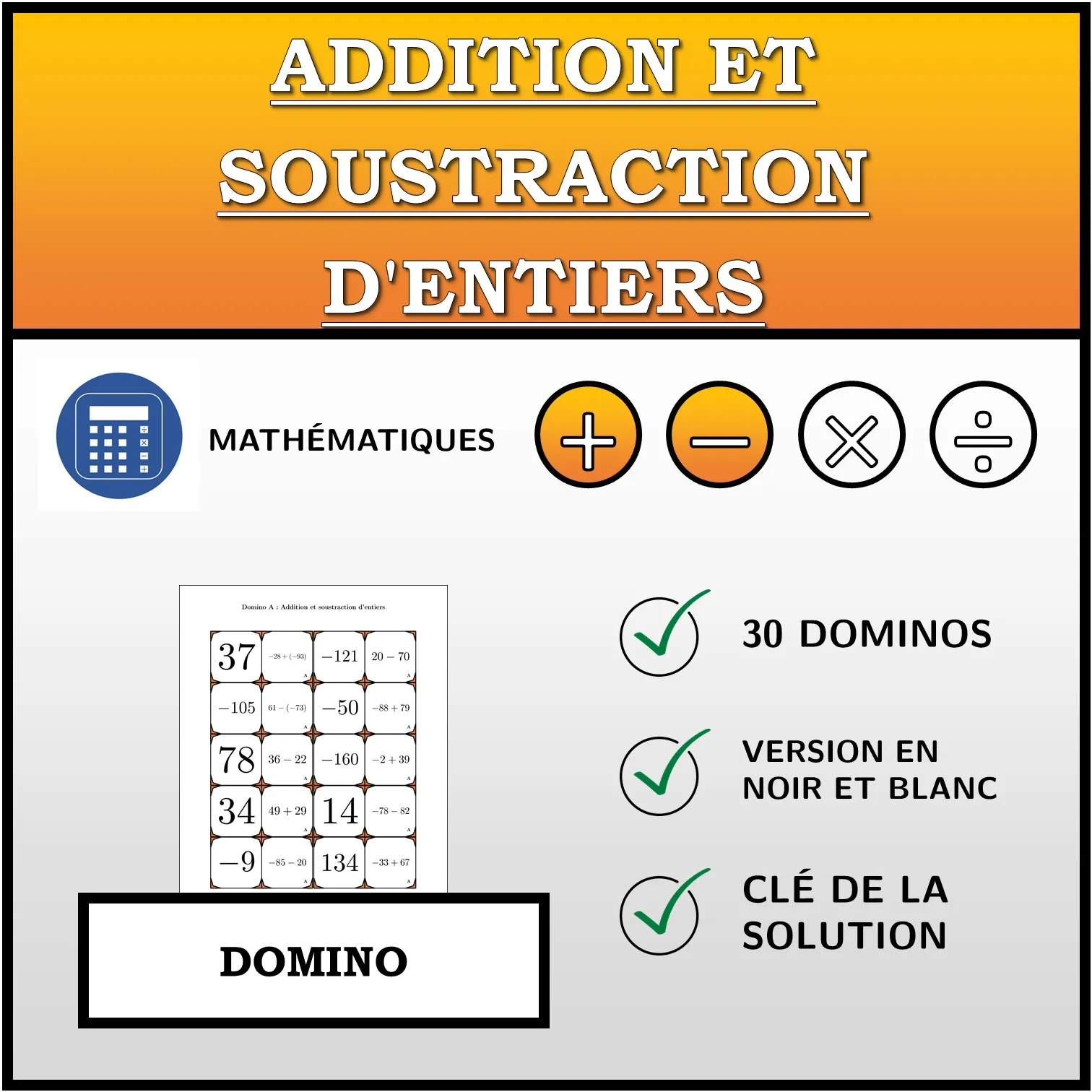 Domino: Addition et soustraction d'entiers