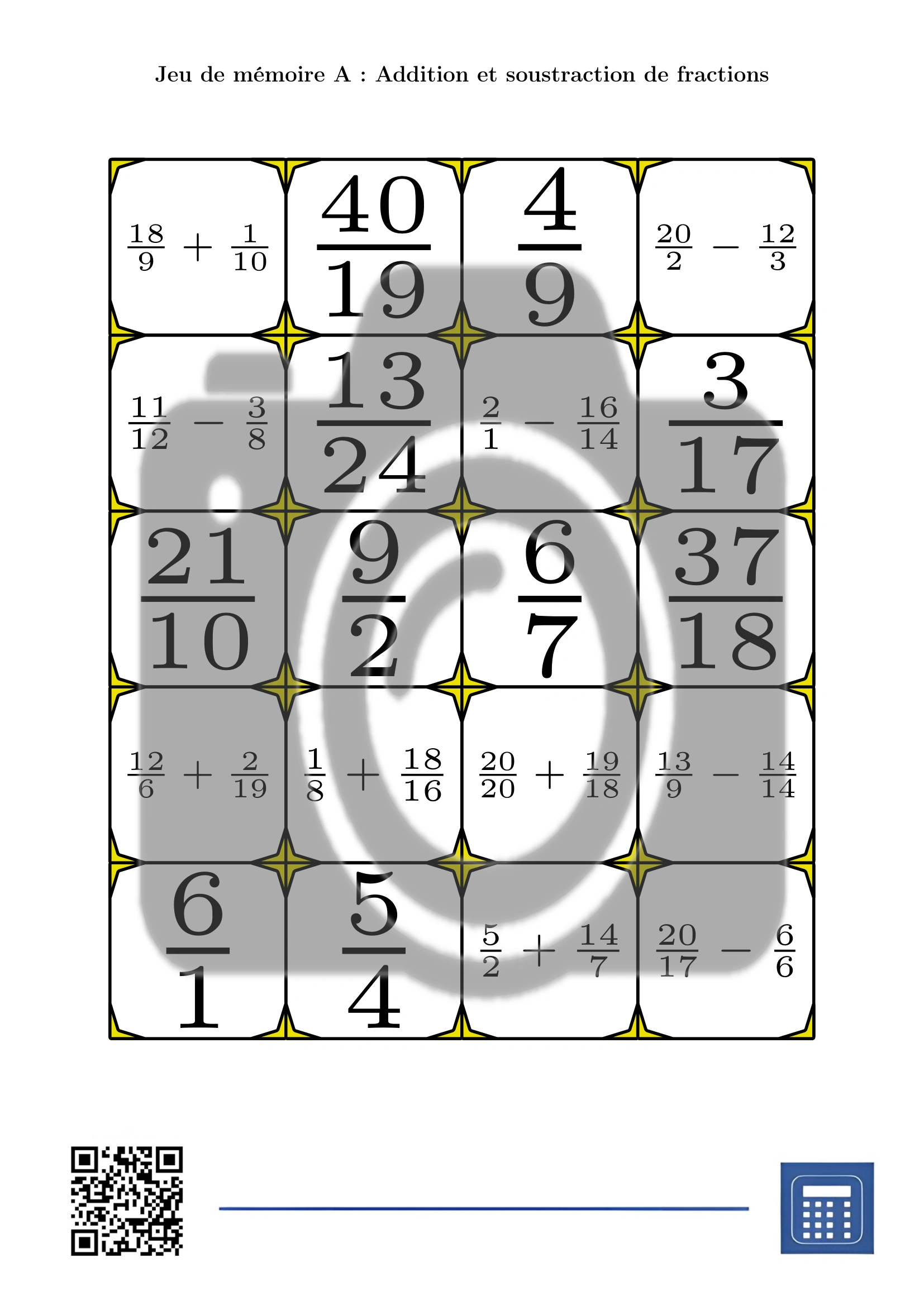 Jeu de mémoire: Addition et soustraction de fractions – Image 2