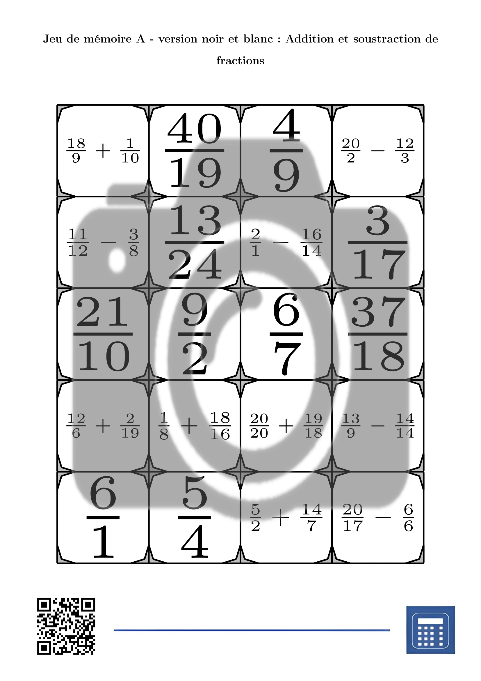 Jeu de mémoire: Addition et soustraction de fractions – Image 3