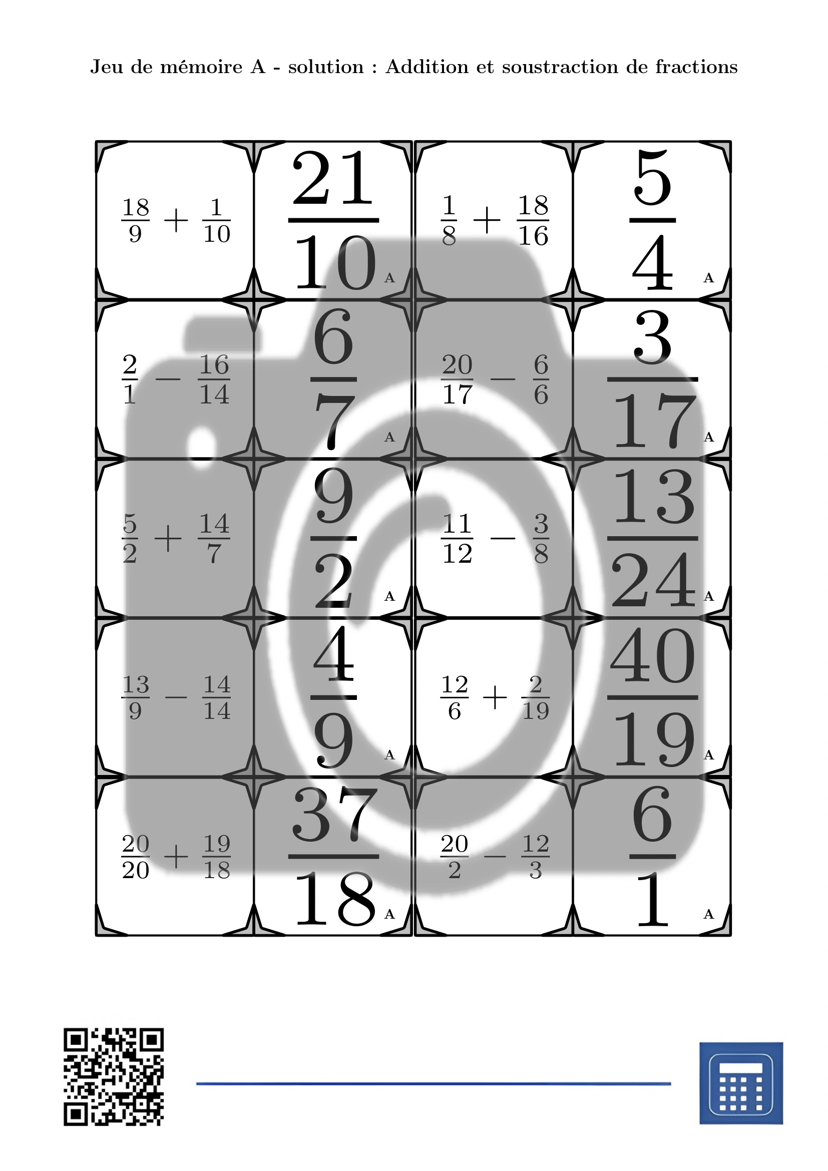Jeu de mémoire: Addition et soustraction de fractions – Image 4