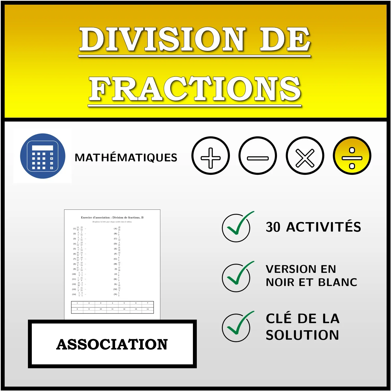 Exercice d'association: Division de fractions
