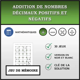 Jeu de mémoire: Addition de nombres décimaux positifs et négatifs