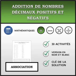 Exercice d'association: Addition de nombres décimaux positifs et négatifs