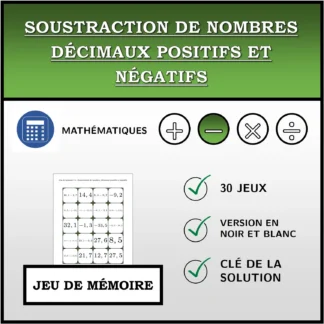 Jeu de mémoire: Soustraction de nombres décimaux positifs et négatifs