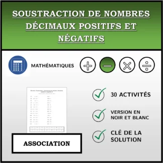 Exercice d'association: Soustraction de nombres décimaux positifs et négatifs