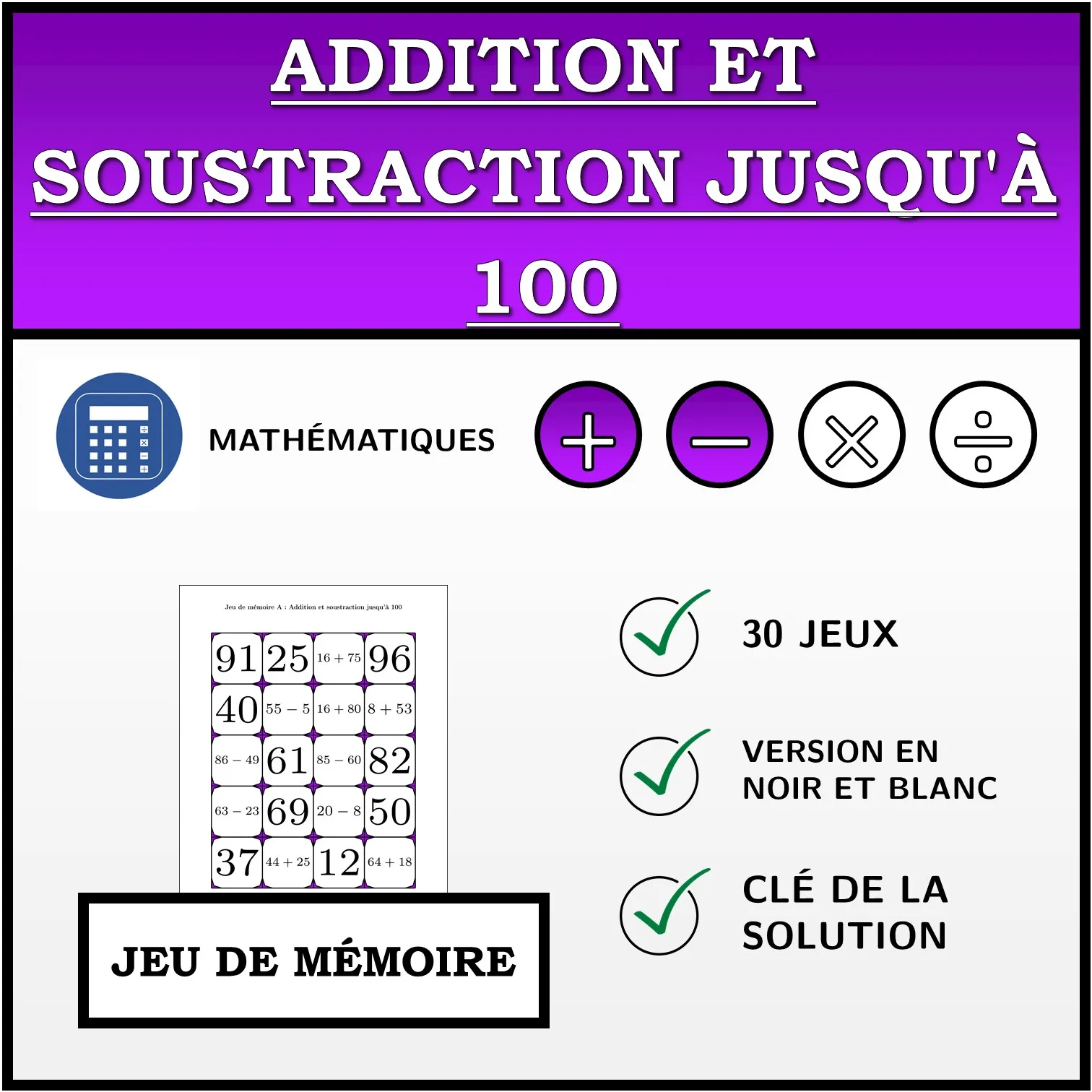 Jeu de mémoire: Addition et soustraction jusqu'à 100