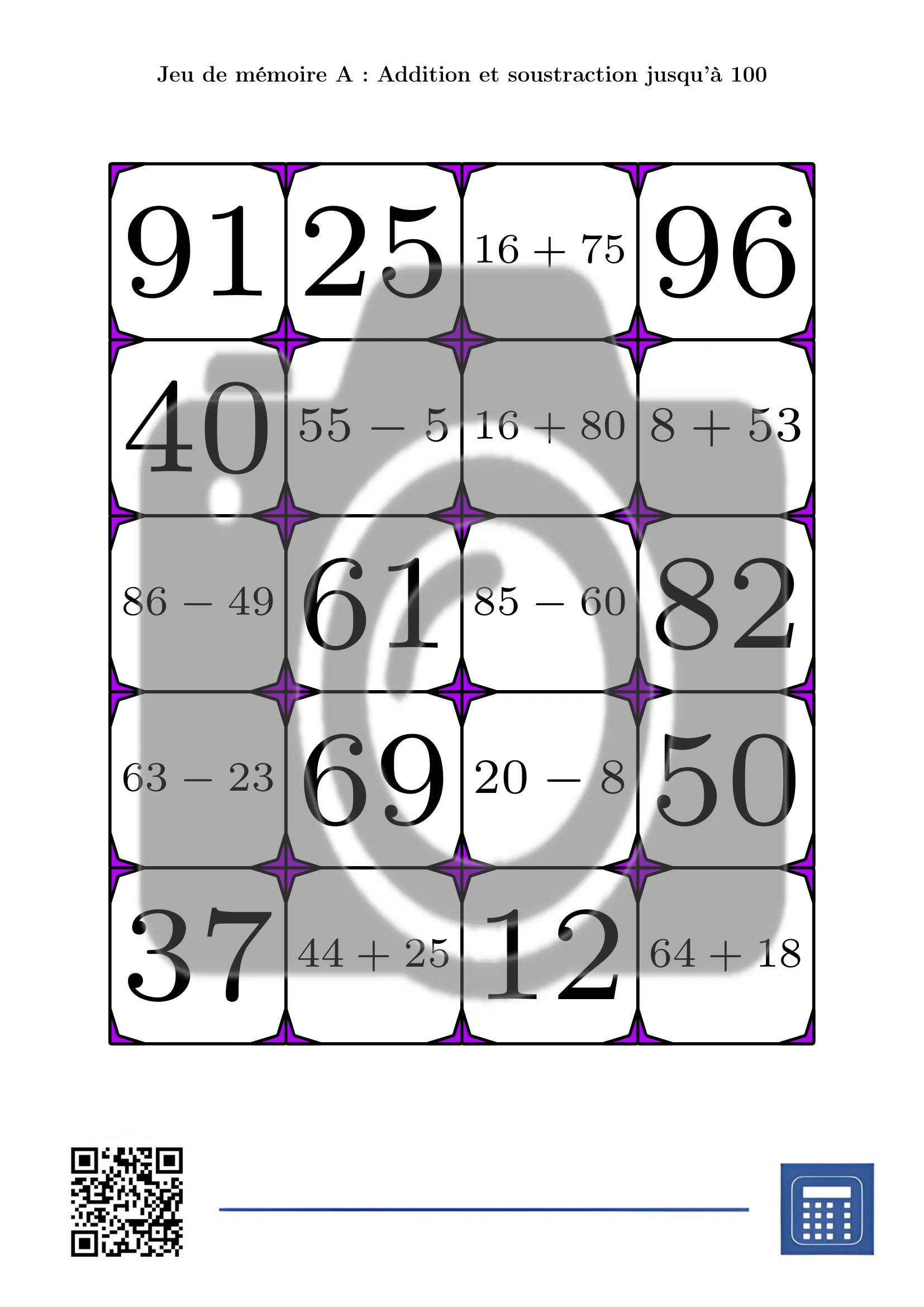 Jeu de mémoire: Addition et soustraction jusqu'à 100 – Image 2