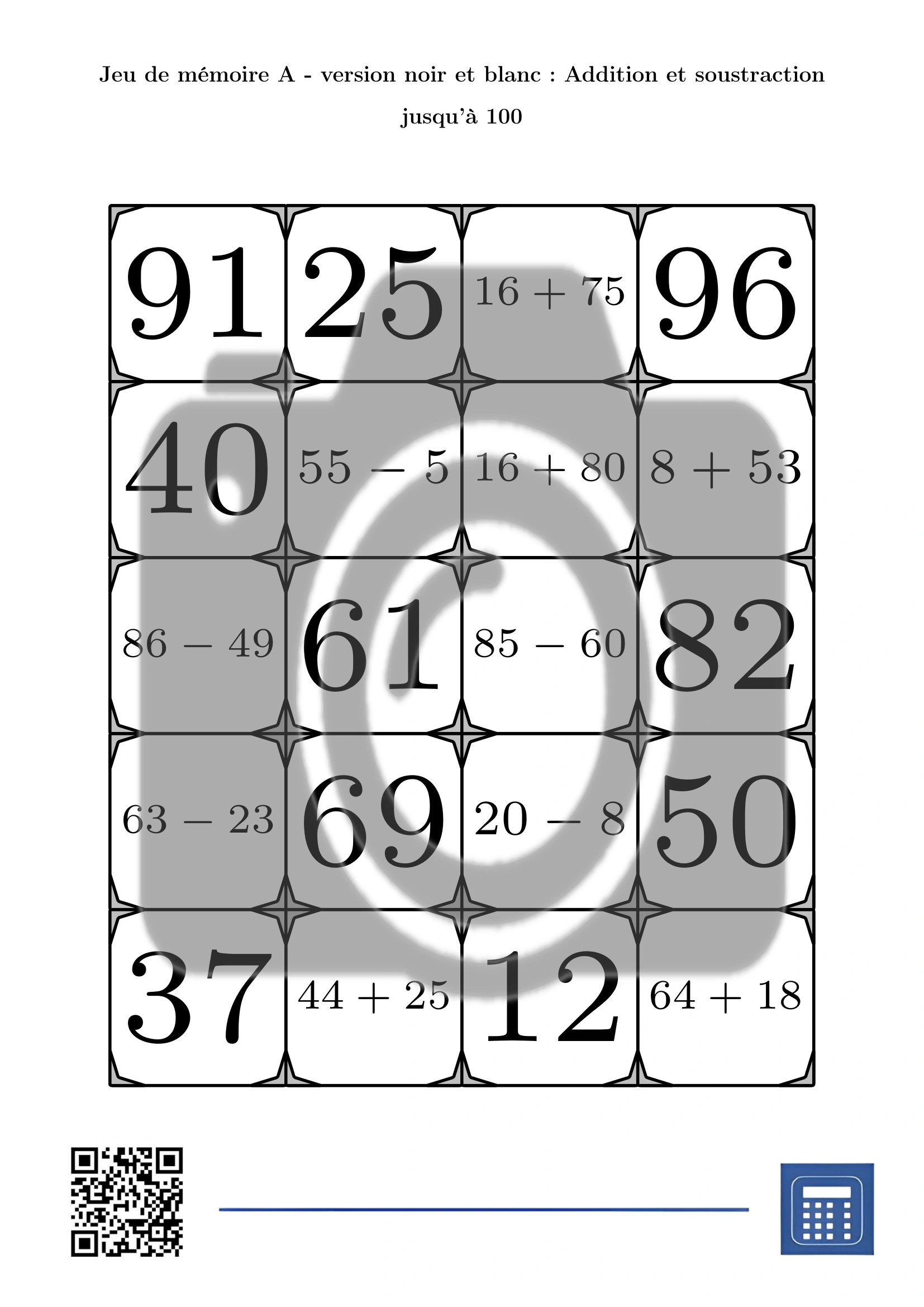 Jeu de mémoire: Addition et soustraction jusqu'à 100 – Image 3