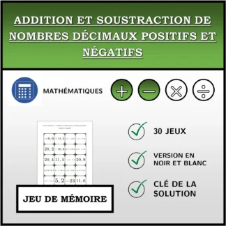 Jeu de mémoire: Addition et soustraction de nombres décimaux positifs et négatifs