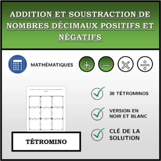 Tétromino: Addition et soustraction de nombres décimaux positifs et négatifs